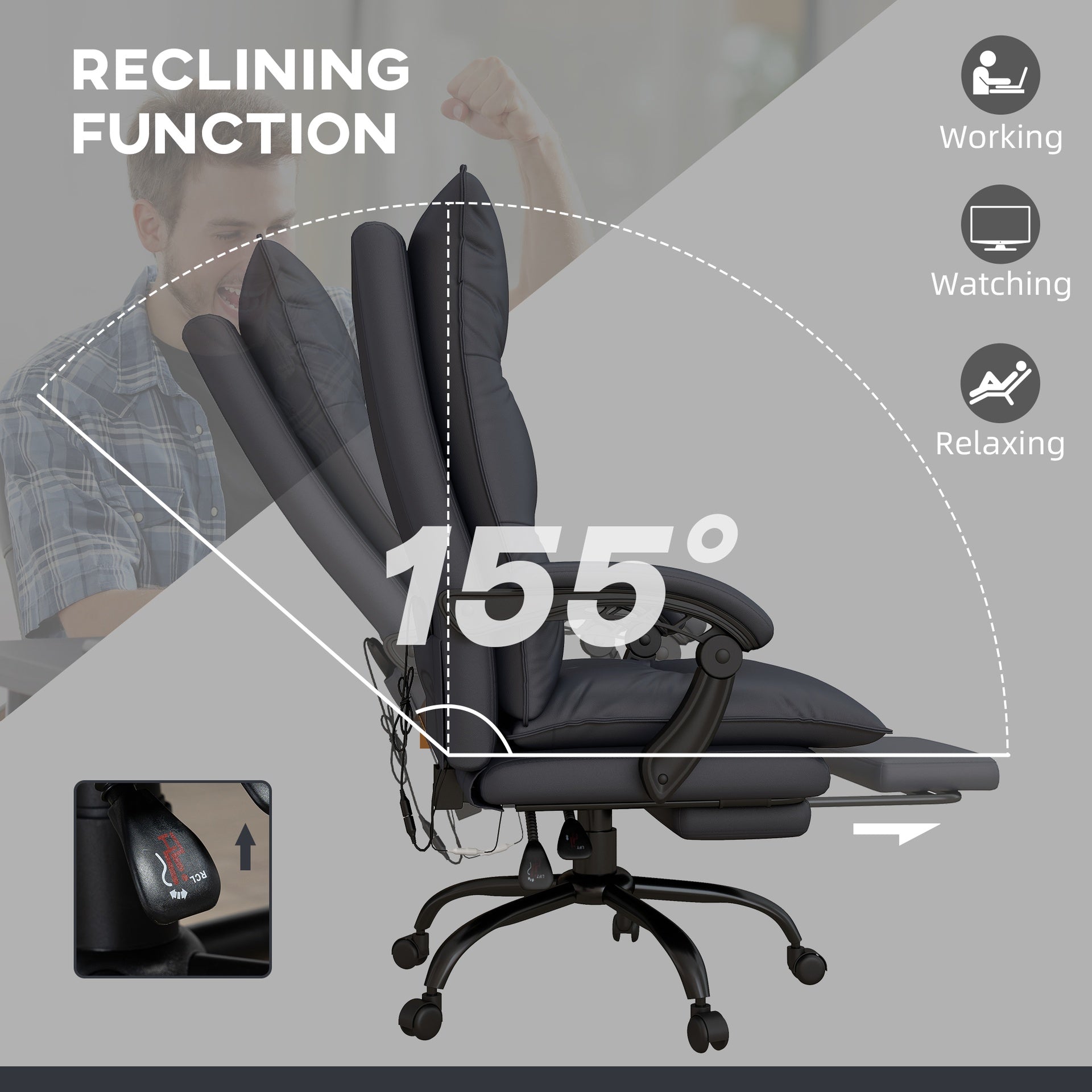 Vinsetto Executive Massage Office Chair with 6 Vibration Points, Microfiber Computer Desk Chair, Heated Reclining Chair with Footrest, Armrest, Double Padding, Charcoal Gray