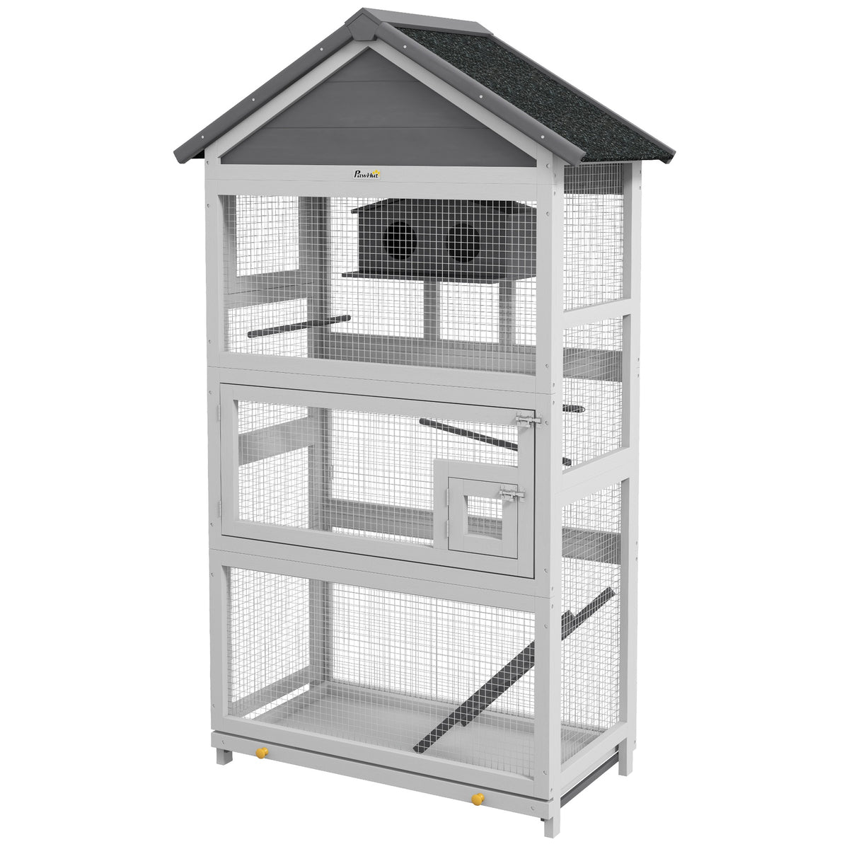 PawHut Wooden Bird Aviary with Slide-Out Tray, Birdhouse, Ladder, Perches for Finches, Parakeets, Gray