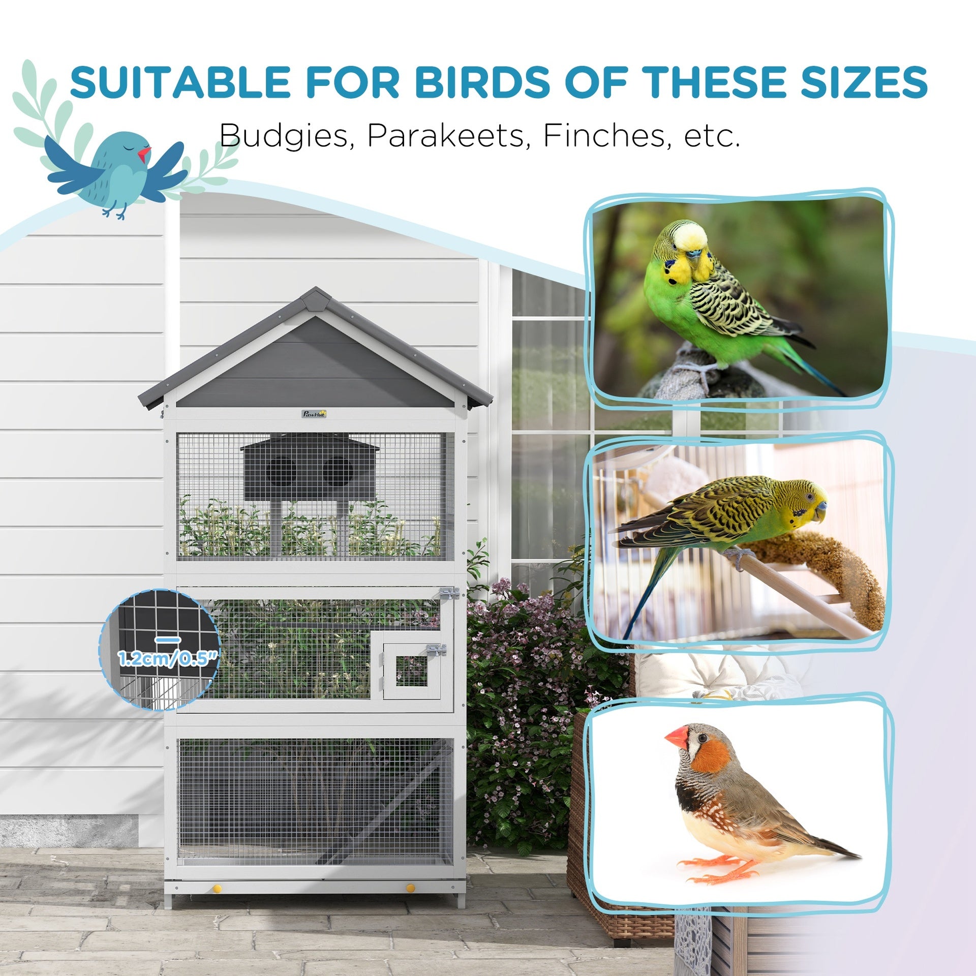 PawHut Wooden Bird Aviary with Slide-Out Tray, Birdhouse, Ladder, Perches for Finches, Parakeets, Gray