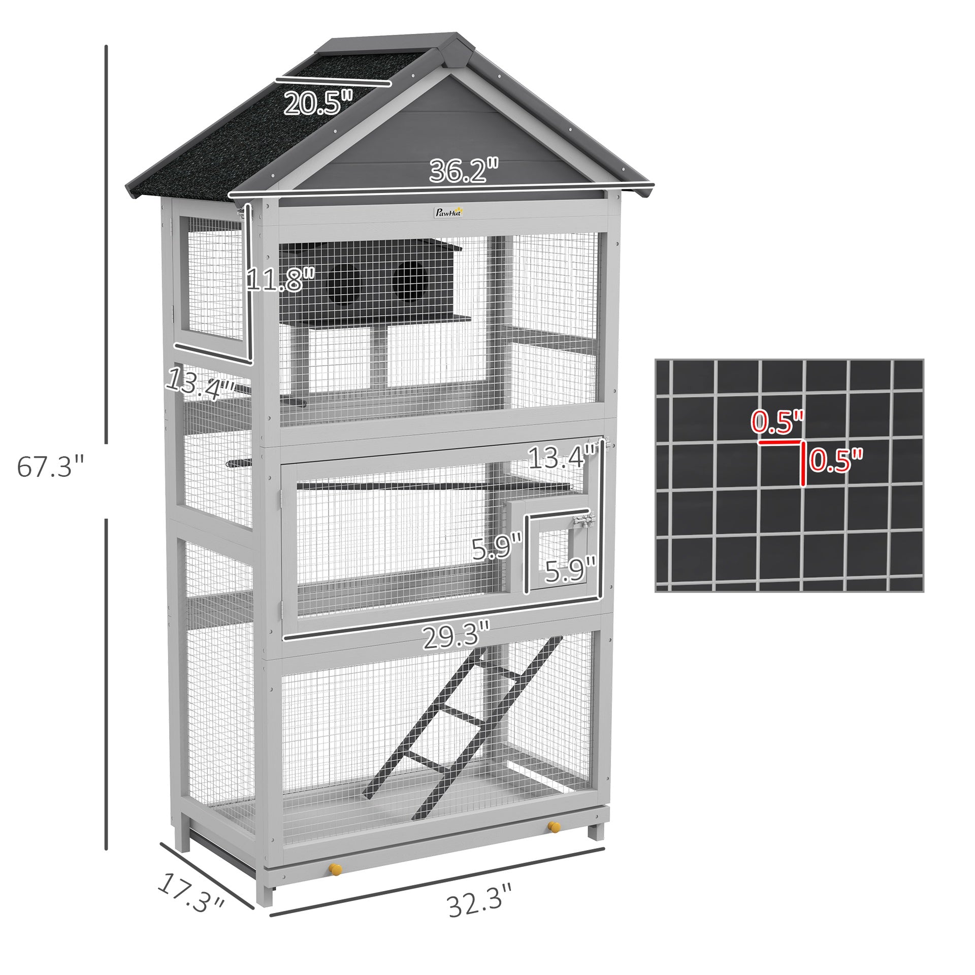 PawHut Wooden Bird Aviary with Slide-Out Tray, Birdhouse, Ladder, Perches for Finches, Parakeets, Gray