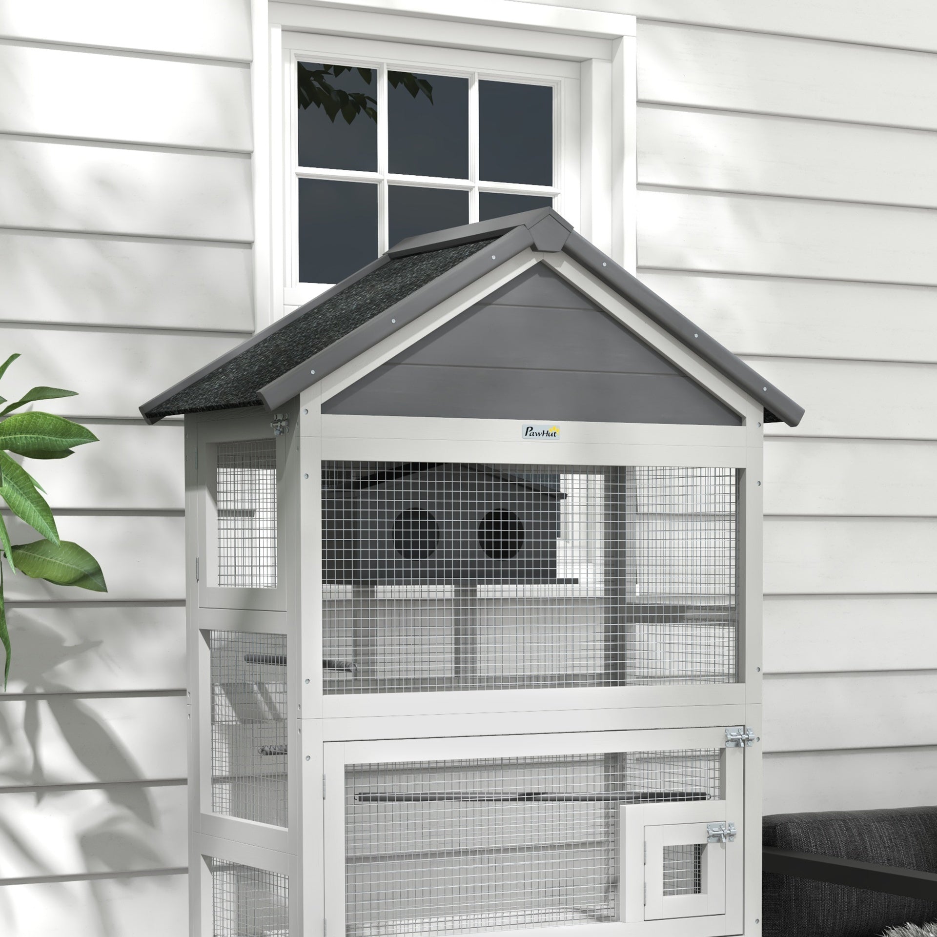 PawHut Wooden Bird Aviary with Slide-Out Tray, Birdhouse, Ladder, Perches for Finches, Parakeets, Gray