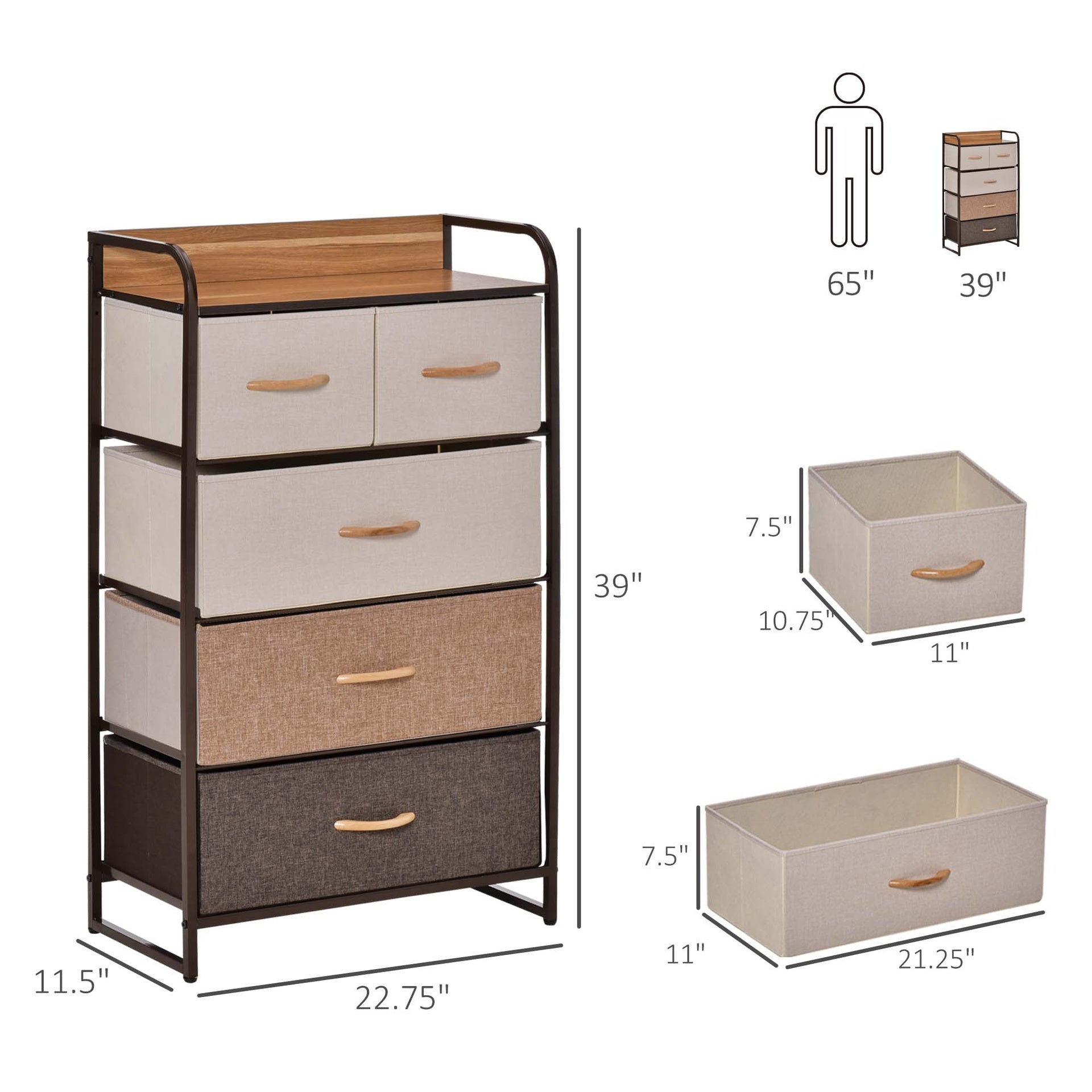 HOMCOM 5-Drawer Fabric Dresser Tower, 4-Tier Storage Organizer with Steel Frame for Hallway, Bedroom, and Closet, Maple Wood