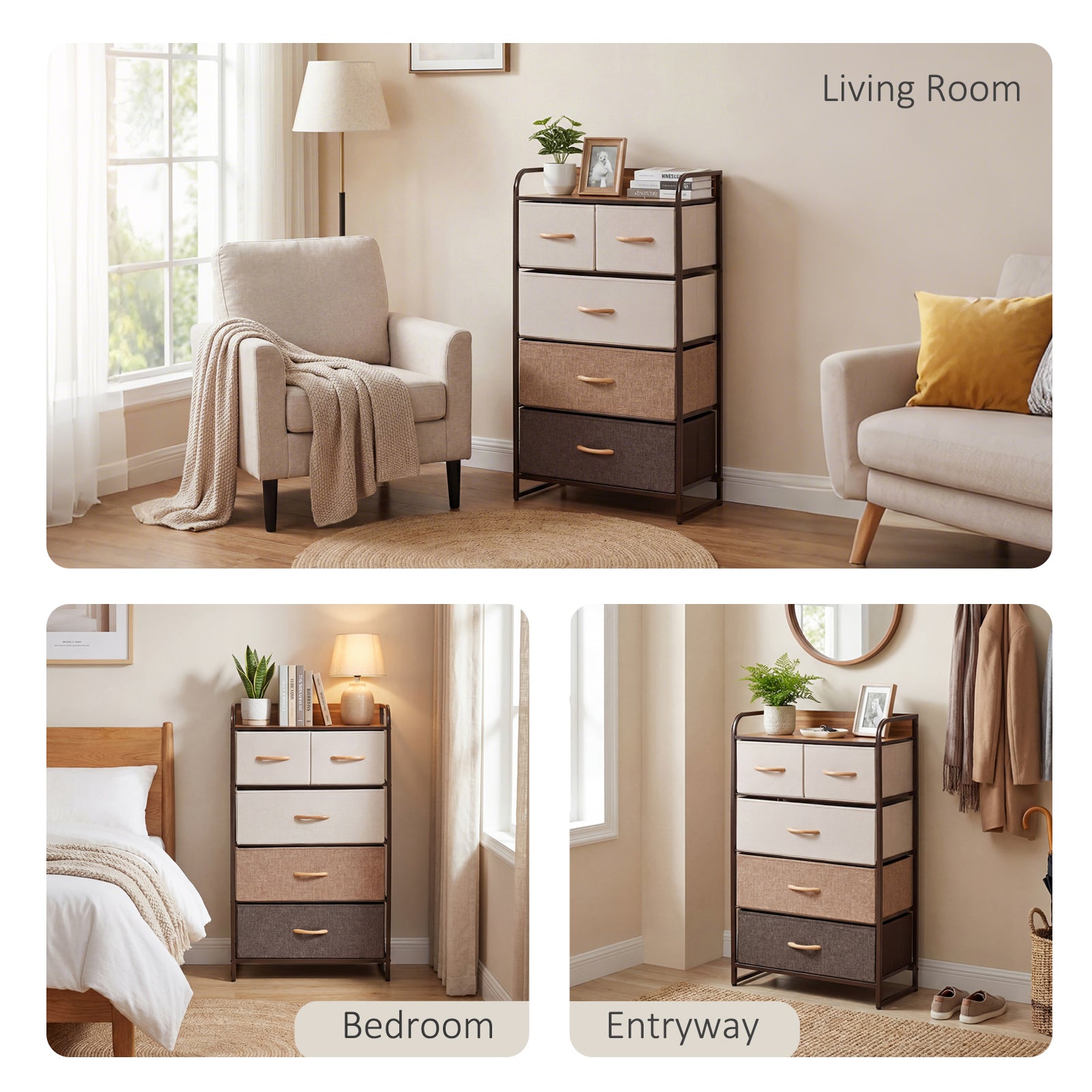 HOMCOM 5-Drawer Fabric Dresser Tower, 4-Tier Storage Organizer with Steel Frame for Hallway, Bedroom, and Closet, Maple Wood