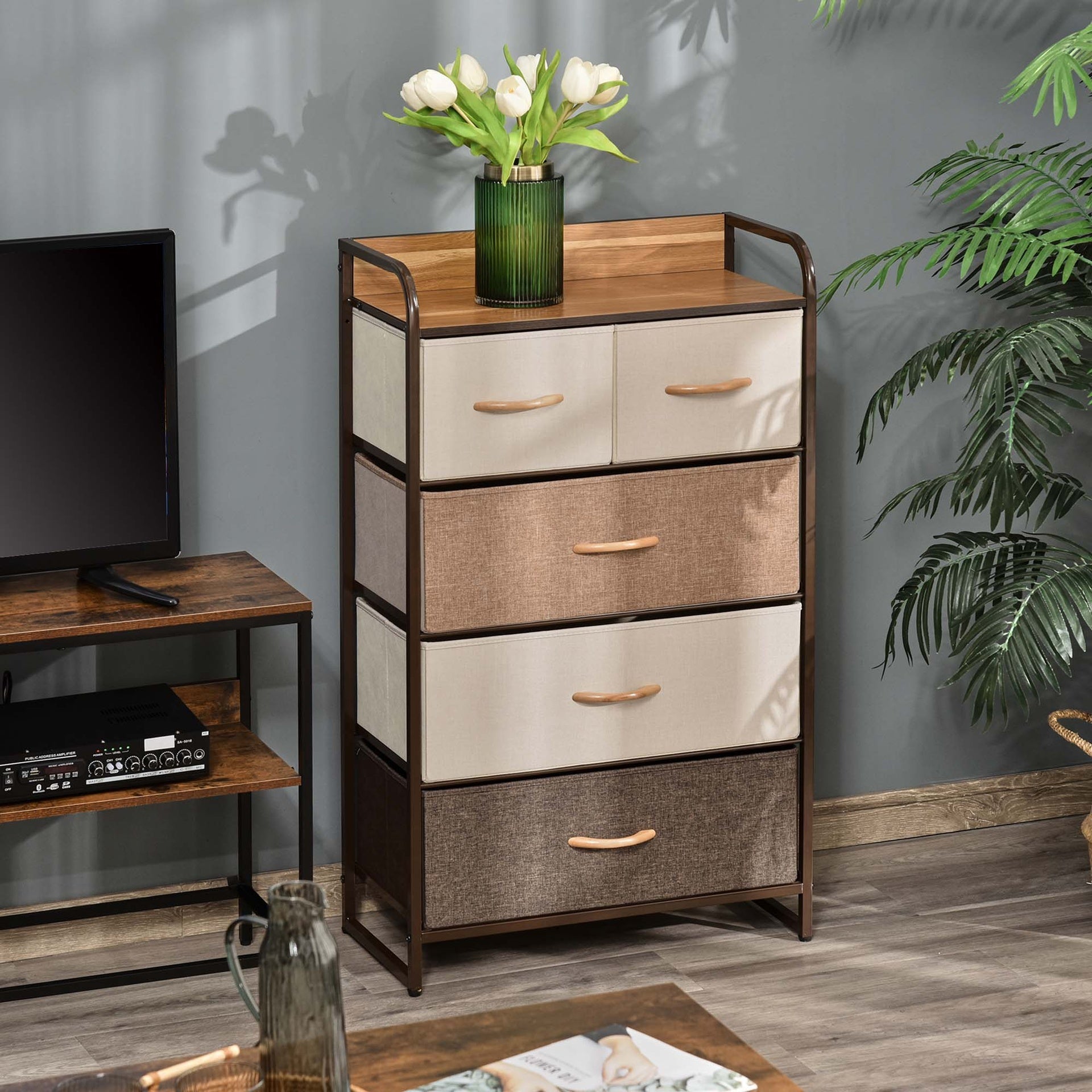 HOMCOM 5-Drawer Fabric Dresser Tower, 4-Tier Storage Organizer with Steel Frame for Hallway, Bedroom, and Closet, Maple Wood