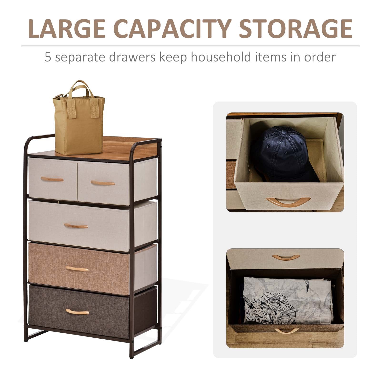 HOMCOM 5-Drawer Fabric Dresser Tower, 4-Tier Storage Organizer with Steel Frame for Hallway, Bedroom, and Closet, Maple Wood