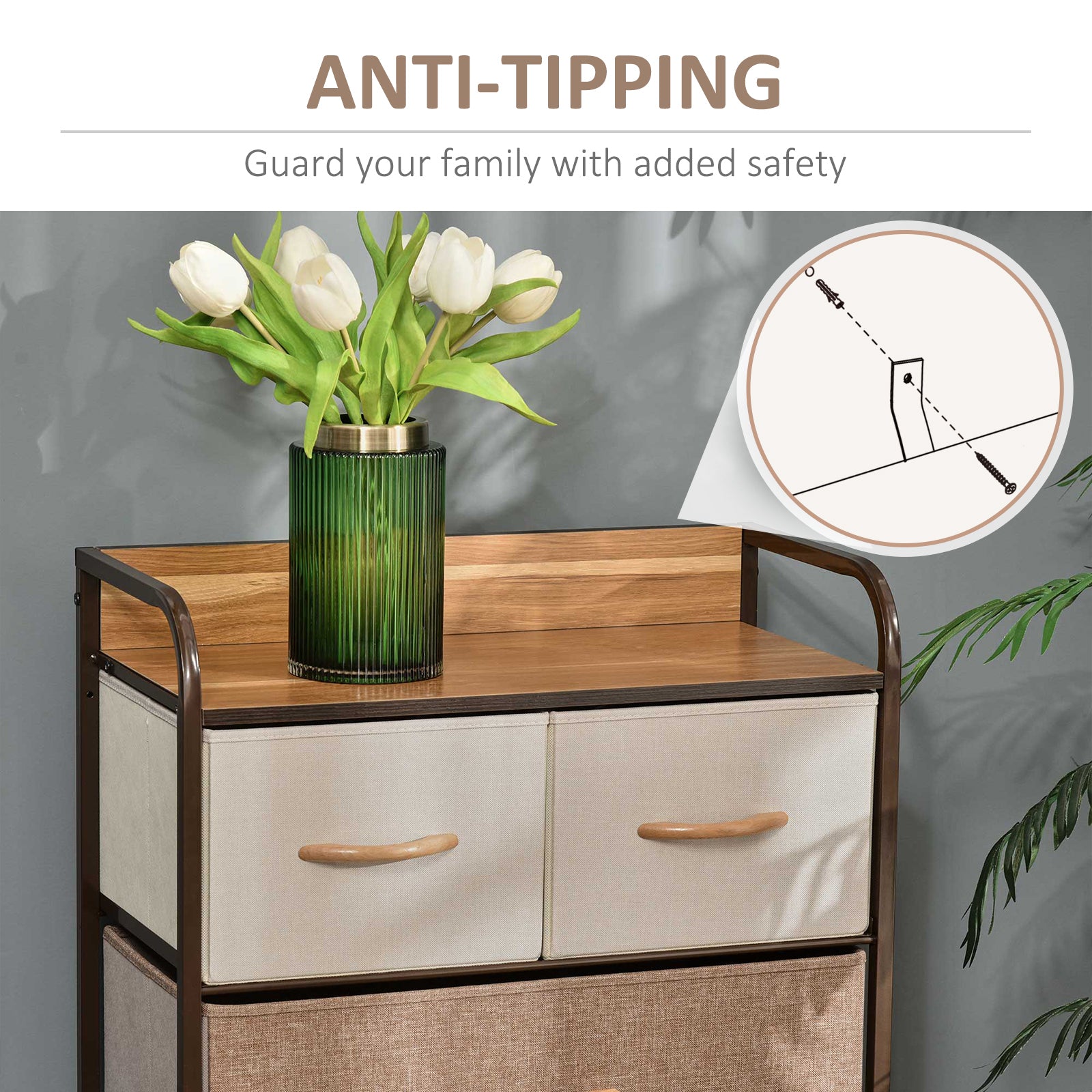 HOMCOM 5-Drawer Fabric Dresser Tower, 4-Tier Storage Organizer with Steel Frame for Hallway, Bedroom, and Closet, Maple Wood