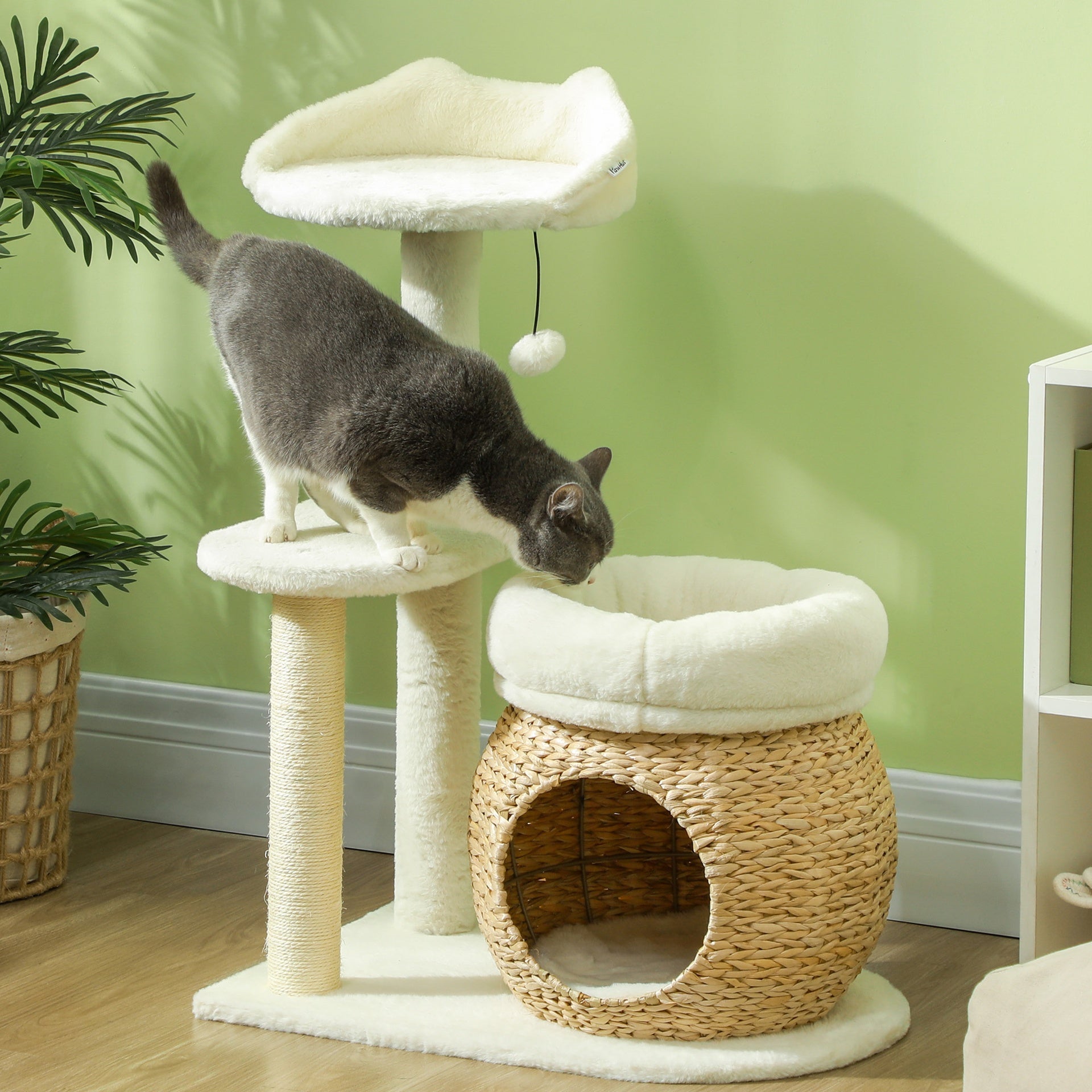 PawHut 31" Cat Tree Tower with Scratching Posts, Cat Condo, Beds, Platform and Toy Ball for Indoor Cats, Cream White