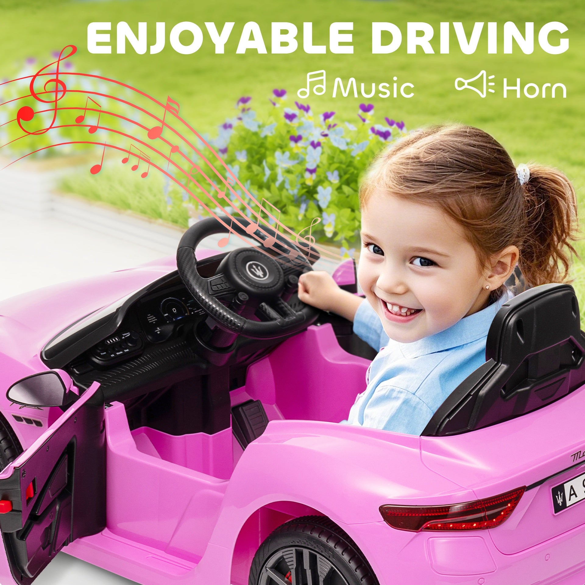 Qaba Maserati Gran Turismo Licensed 12V Kids Electric Car w/ Remote Control, Soft Start, LED Lights, Music, Horn, Pink