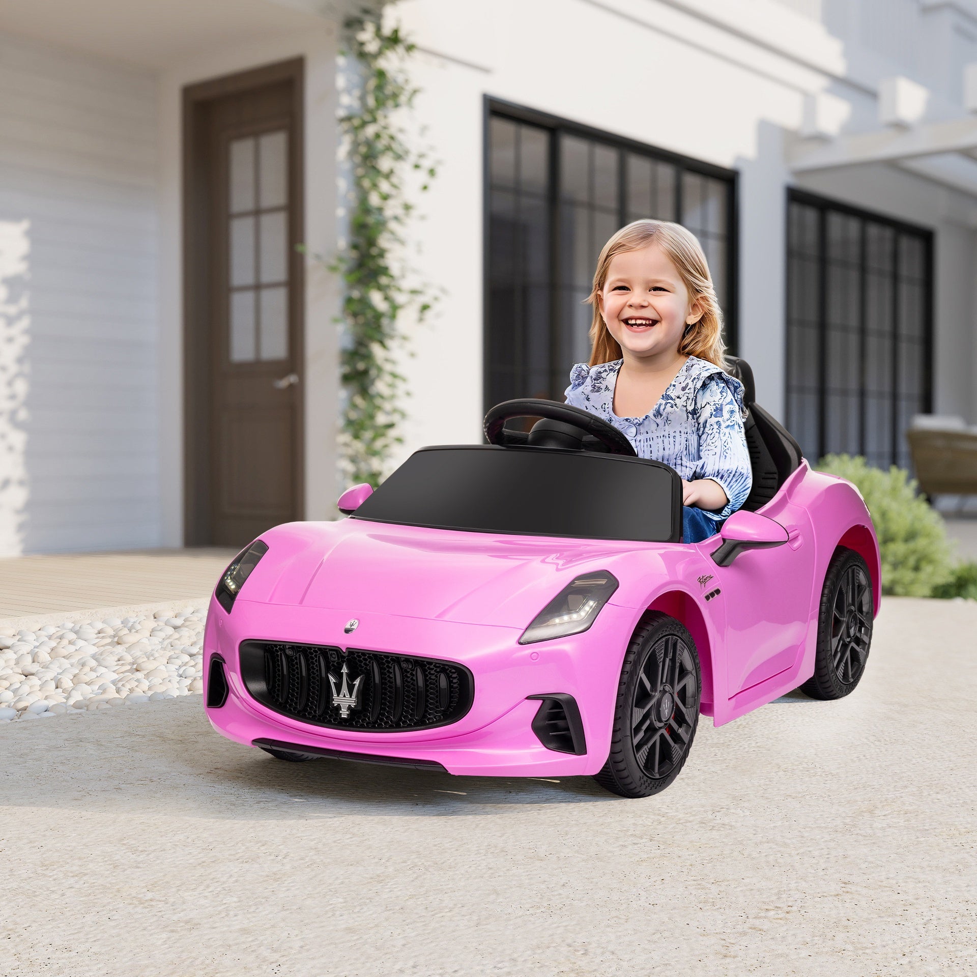Qaba Maserati Gran Turismo Licensed 12V Kids Electric Car w/ Remote Control, Soft Start, LED Lights, Music, Horn, Pink