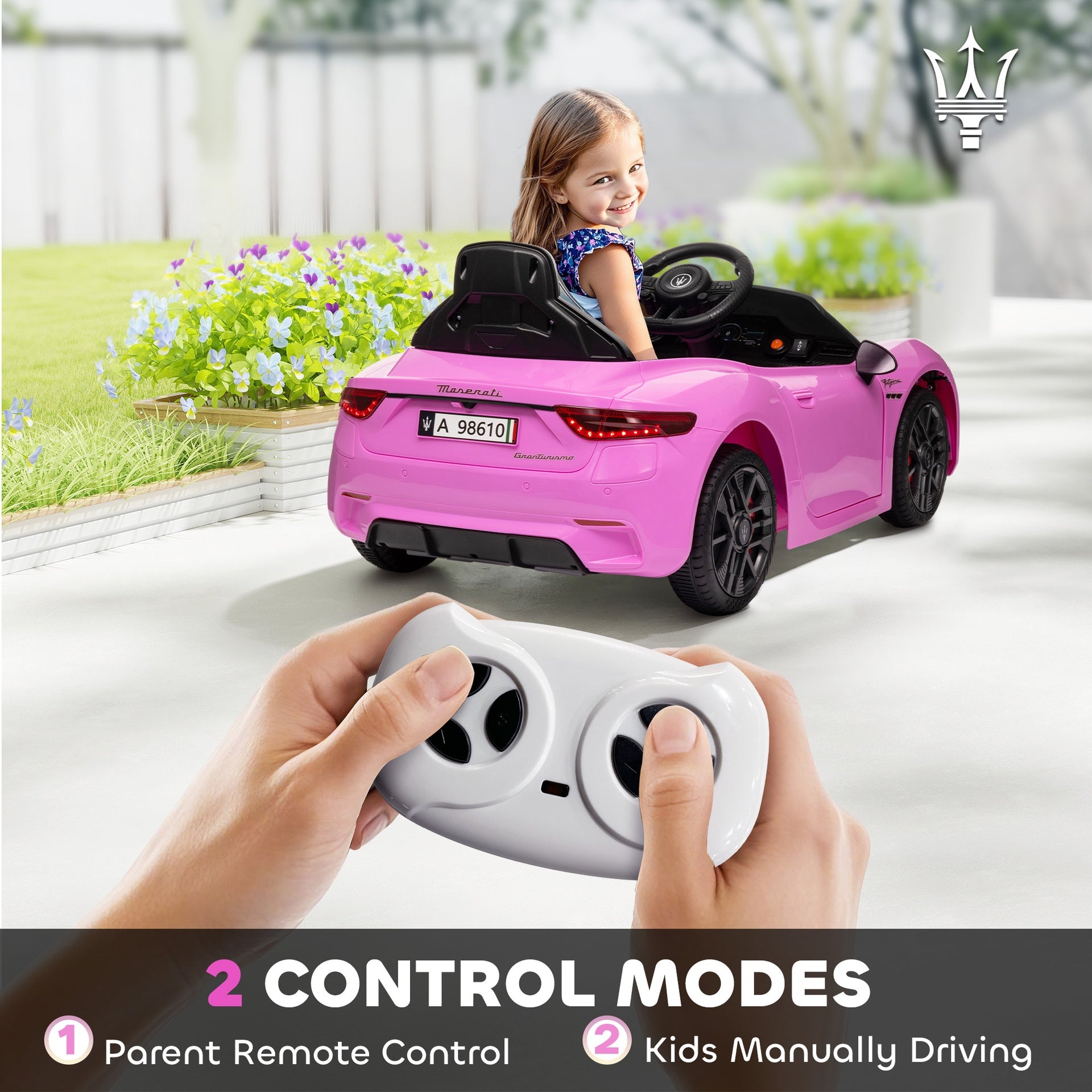 Qaba Maserati Gran Turismo Licensed 12V Kids Electric Car w/ Remote Control, Soft Start, LED Lights, Music, Horn, Pink