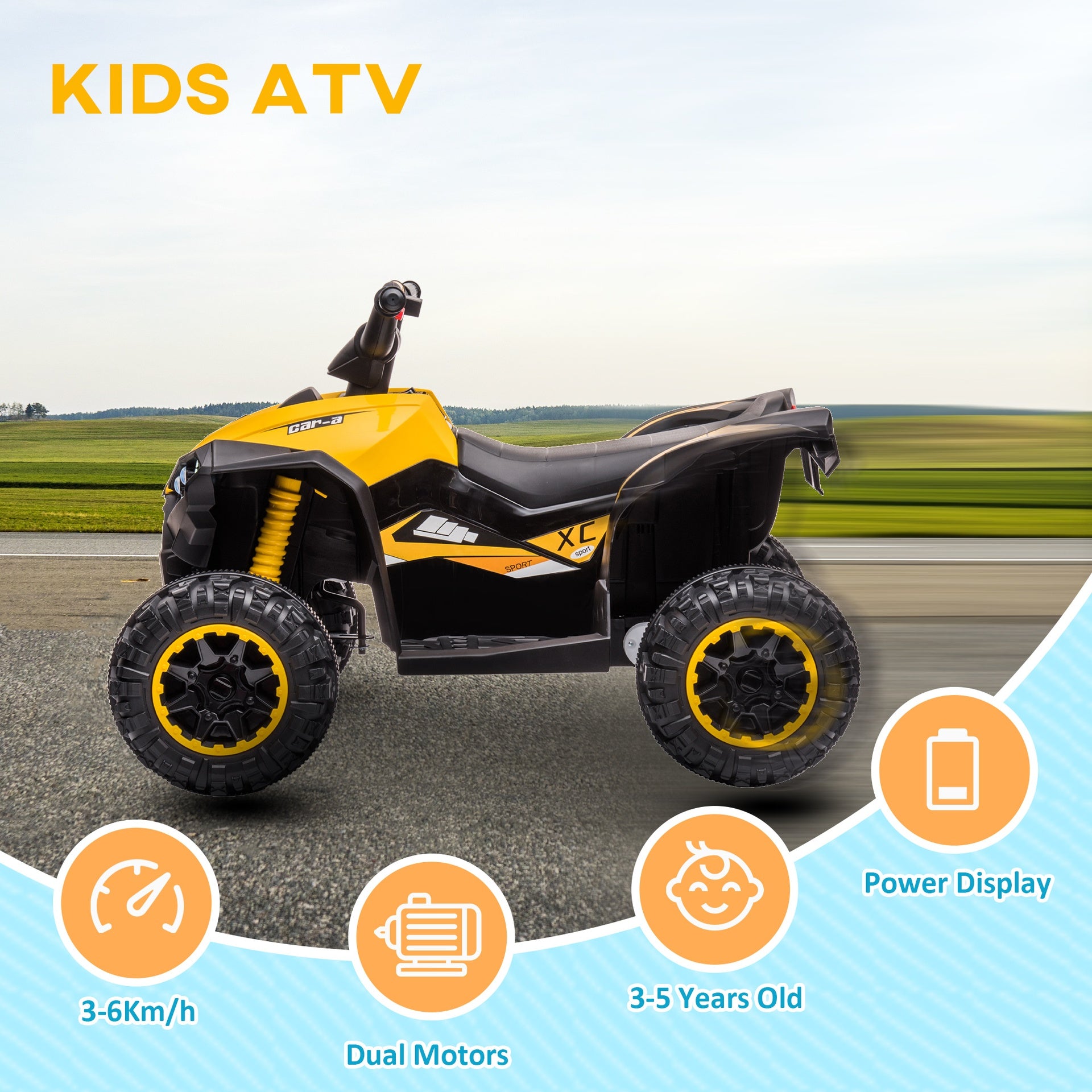 Aosom 12V Kids ATV Quad Car with Forward & Backward Function, Four Wheeler for Kids with Wear-Resistant Wheels, Music, Electric Ride-on ATV for Toddlers Ages 3+ Years Old, Yellow