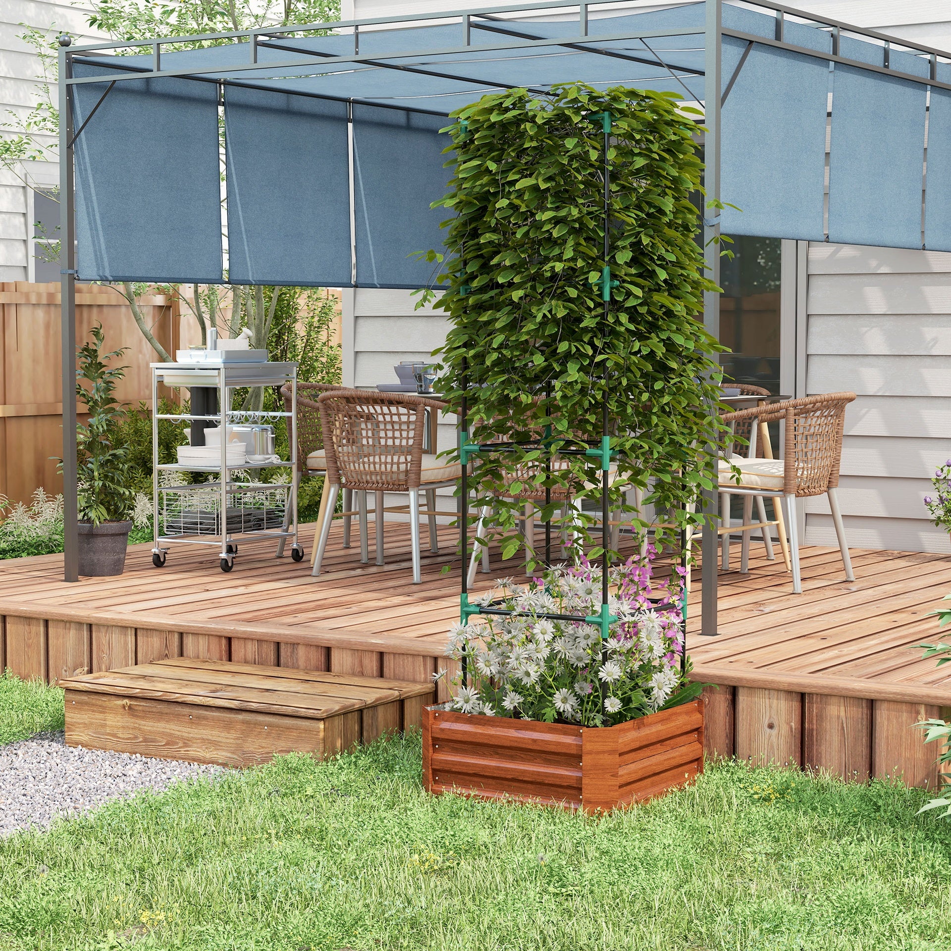 Outsunny Galvanized Planter Box, 24" x 24" x 73.5" Raised Garden Bed with Tomato Cage for Climbing Vines, Brown