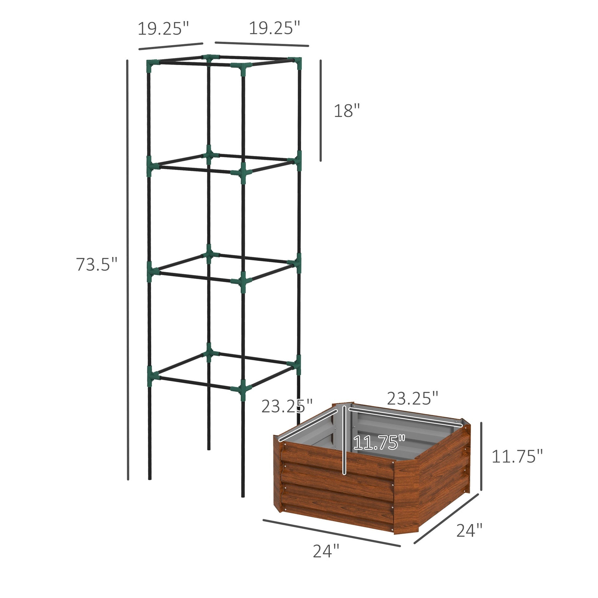 Outsunny Galvanized Planter Box, 24" x 24" x 73.5" Raised Garden Bed with Tomato Cage for Climbing Vines, Brown