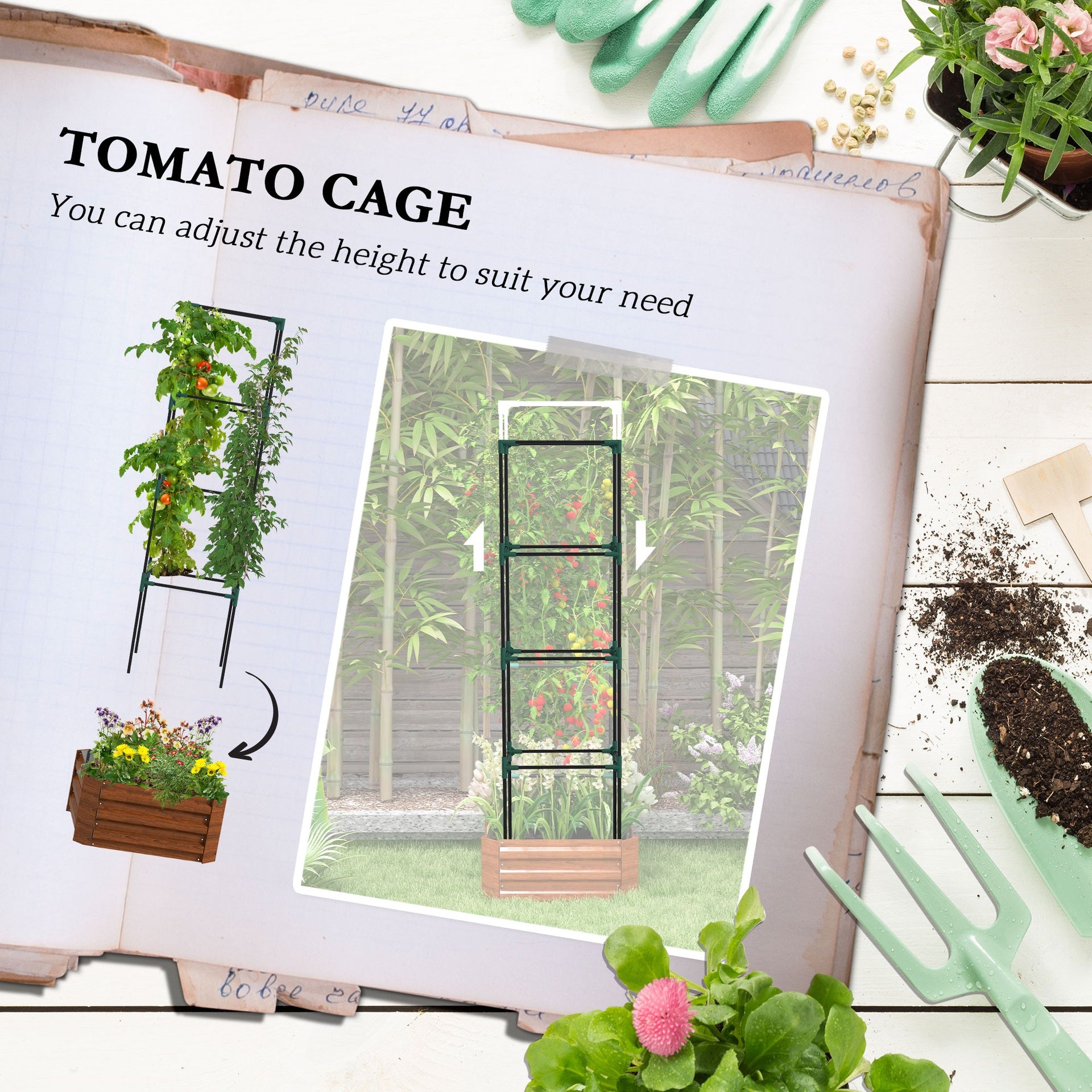 Outsunny Galvanized Planter Box, 24" x 24" x 73.5" Raised Garden Bed with Tomato Cage for Climbing Vines, Brown