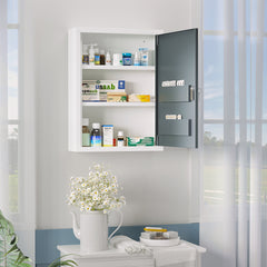 kleankin Bathroom Medicine Cabinet with Shelves Inside & On Door, Locking Medical Cabinet for Child & Pet Safety, First Aid Bathroom Wall Cabinet, White and Gray