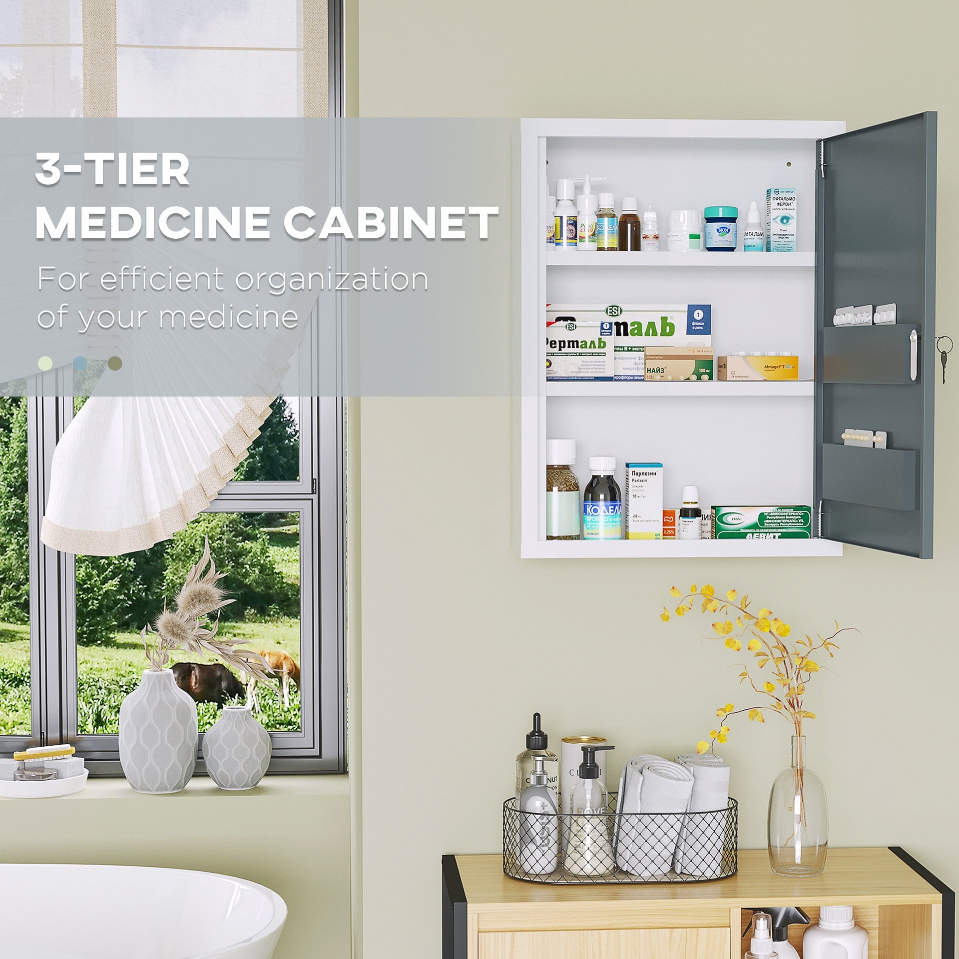 kleankin Bathroom Medicine Cabinet with Shelves Inside & On Door, Locking Medical Cabinet for Child & Pet Safety, First Aid Bathroom Wall Cabinet, White and Gray
