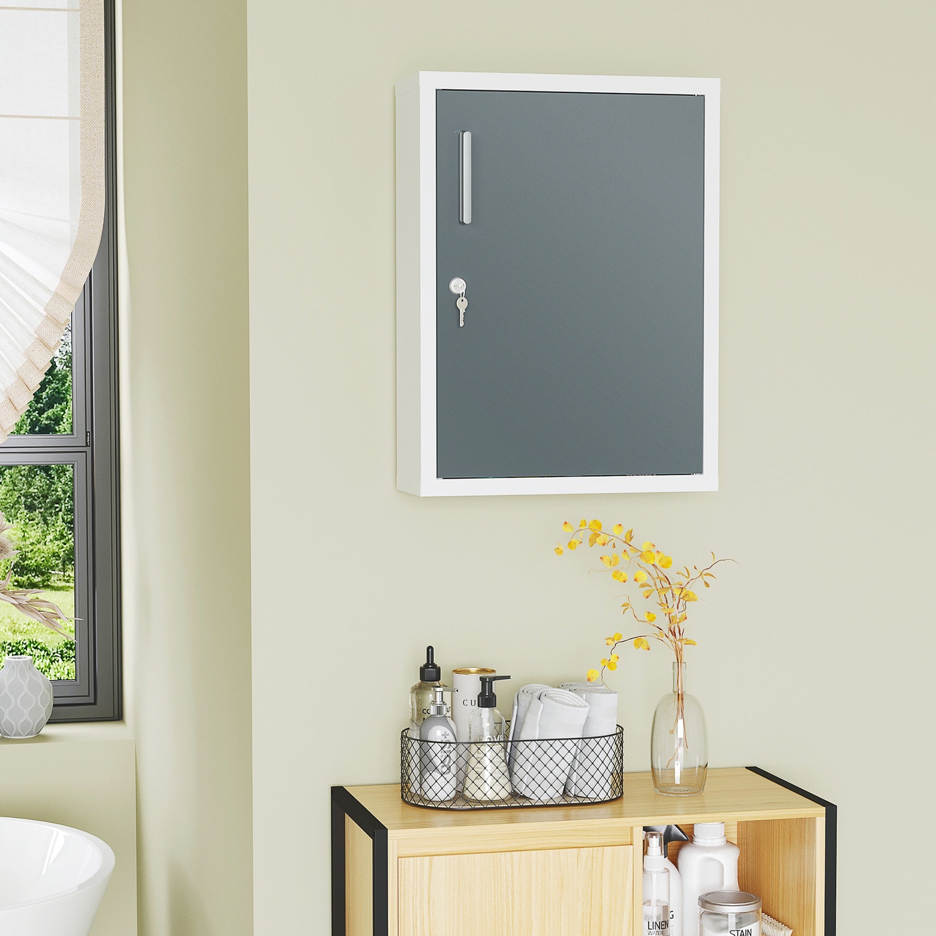 kleankin Bathroom Medicine Cabinet with Shelves Inside & On Door, Locking Medical Cabinet for Child & Pet Safety, First Aid Bathroom Wall Cabinet, White and Gray