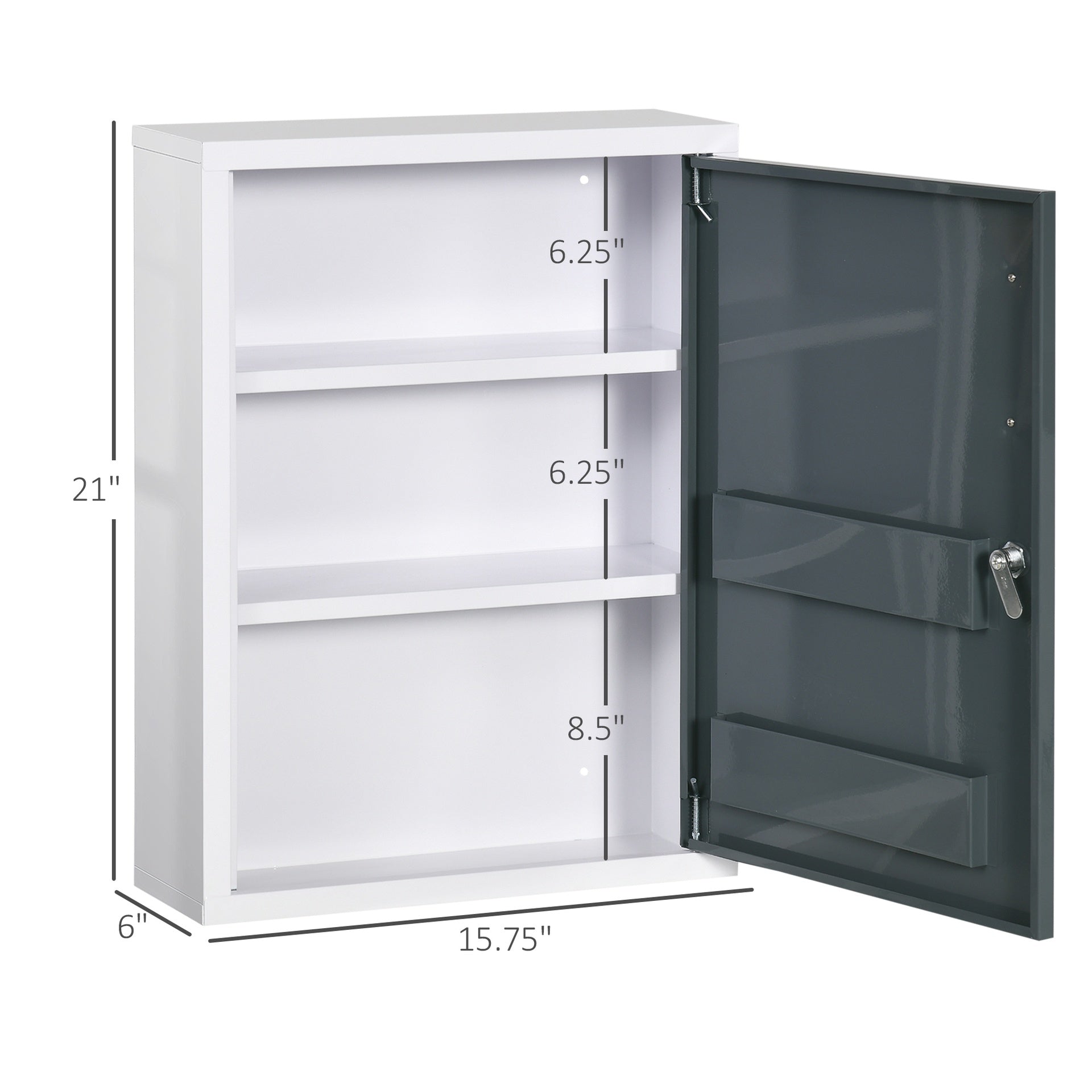 kleankin Bathroom Medicine Cabinet with Shelves Inside & On Door, Locking Medical Cabinet for Child & Pet Safety, First Aid Bathroom Wall Cabinet, White and Gray