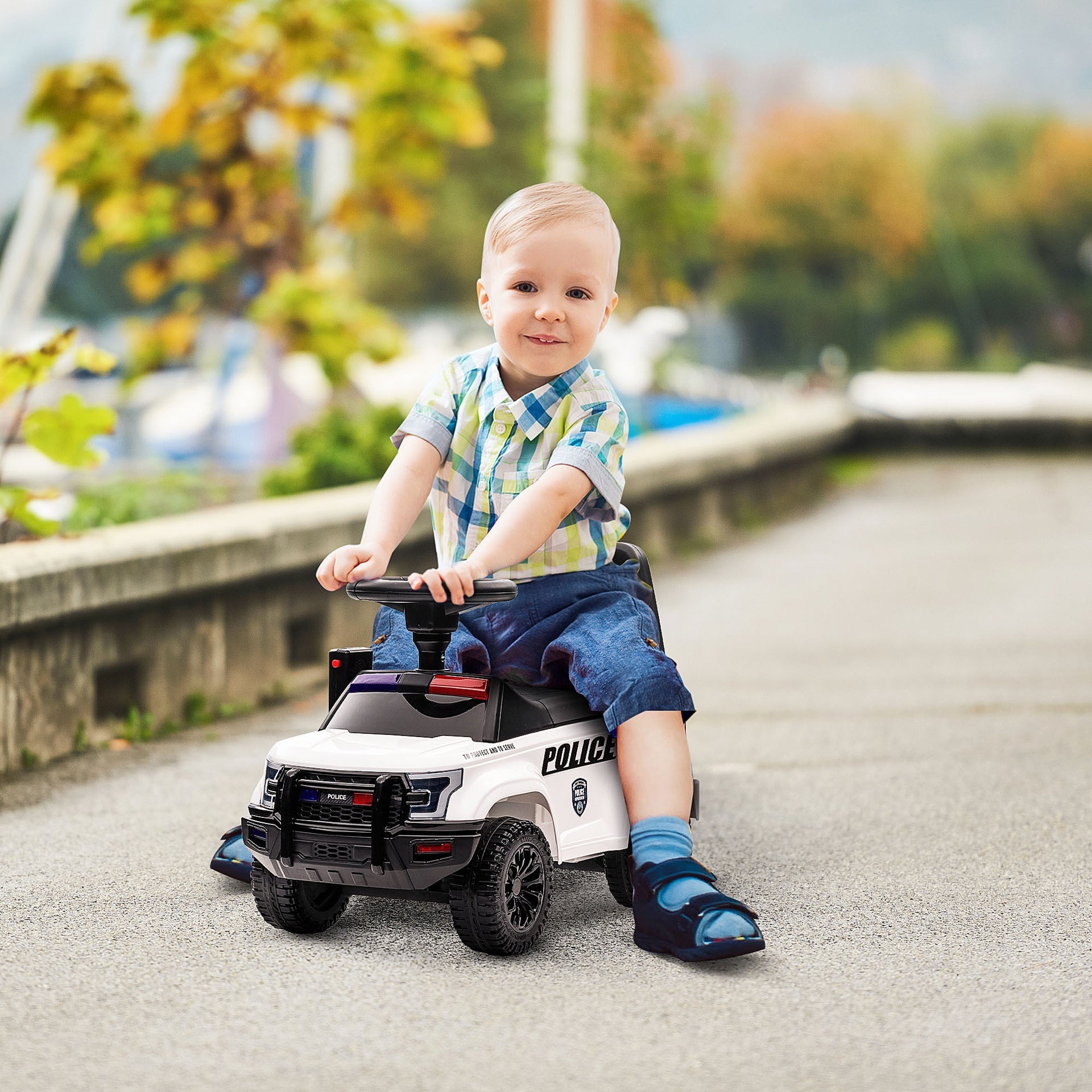Aosom Kids Push Ride On Car with Working PA System and Horn, Police Truck Style  Foot-to-Floor Sliding Car for Boys and Girls with Under-Seat Storage, for 18 Months to 5 Years Old, White