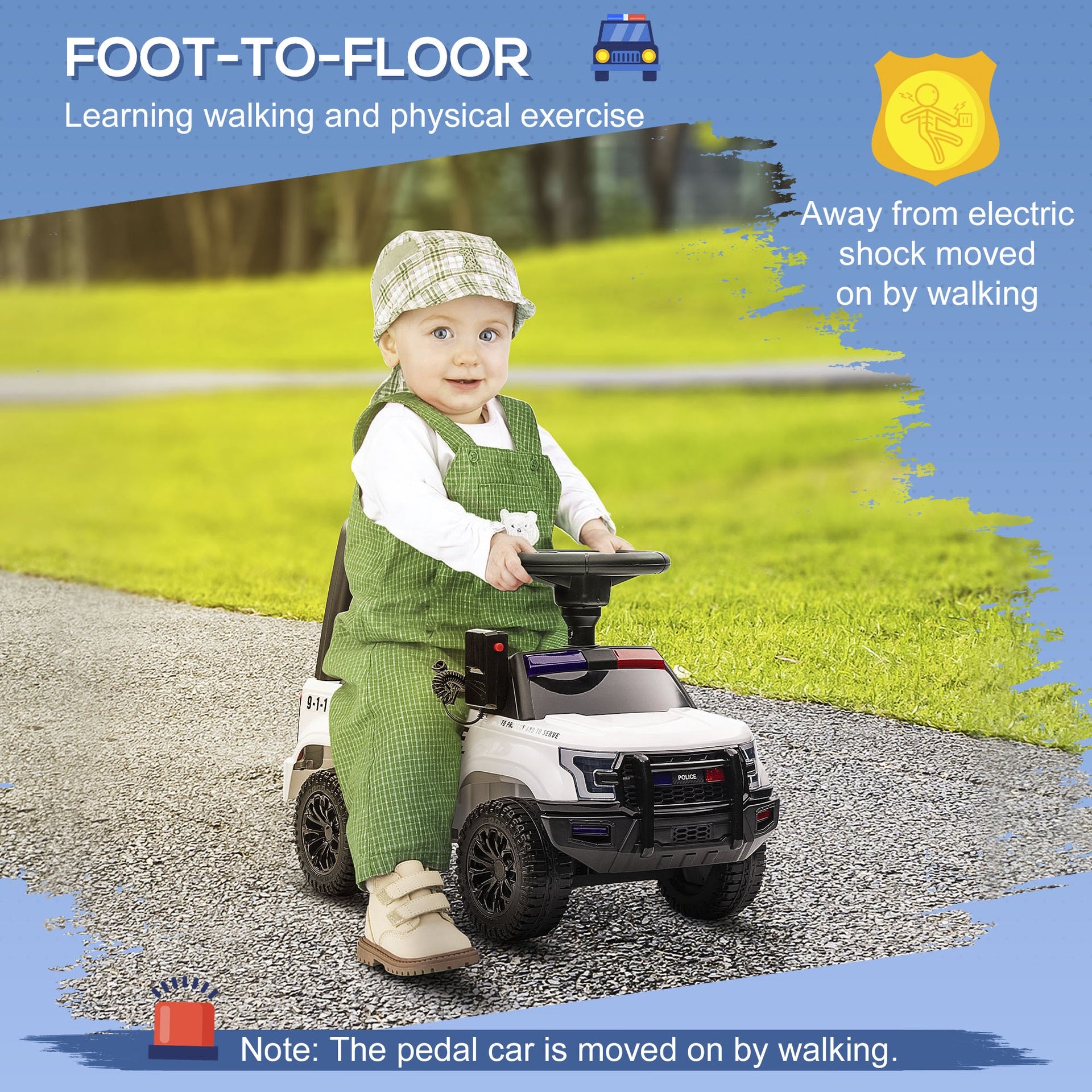 Aosom Kids Push Ride On Car with Working PA System and Horn, Police Truck Style  Foot-to-Floor Sliding Car for Boys and Girls with Under-Seat Storage, for 18 Months to 5 Years Old, White