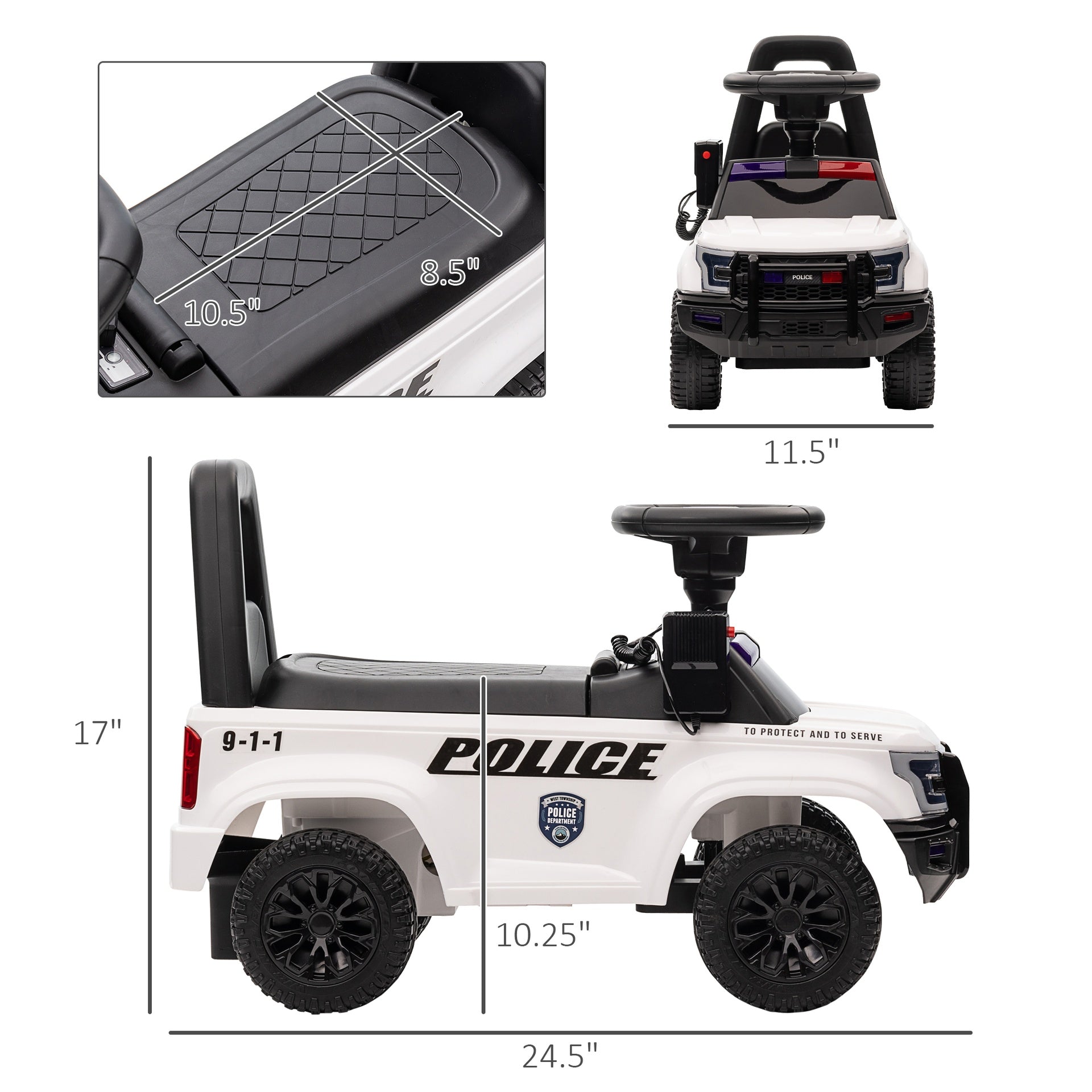 Aosom Kids Push Ride On Car with Working PA System and Horn, Police Truck Style  Foot-to-Floor Sliding Car for Boys and Girls with Under-Seat Storage, for 18 Months to 5 Years Old, White