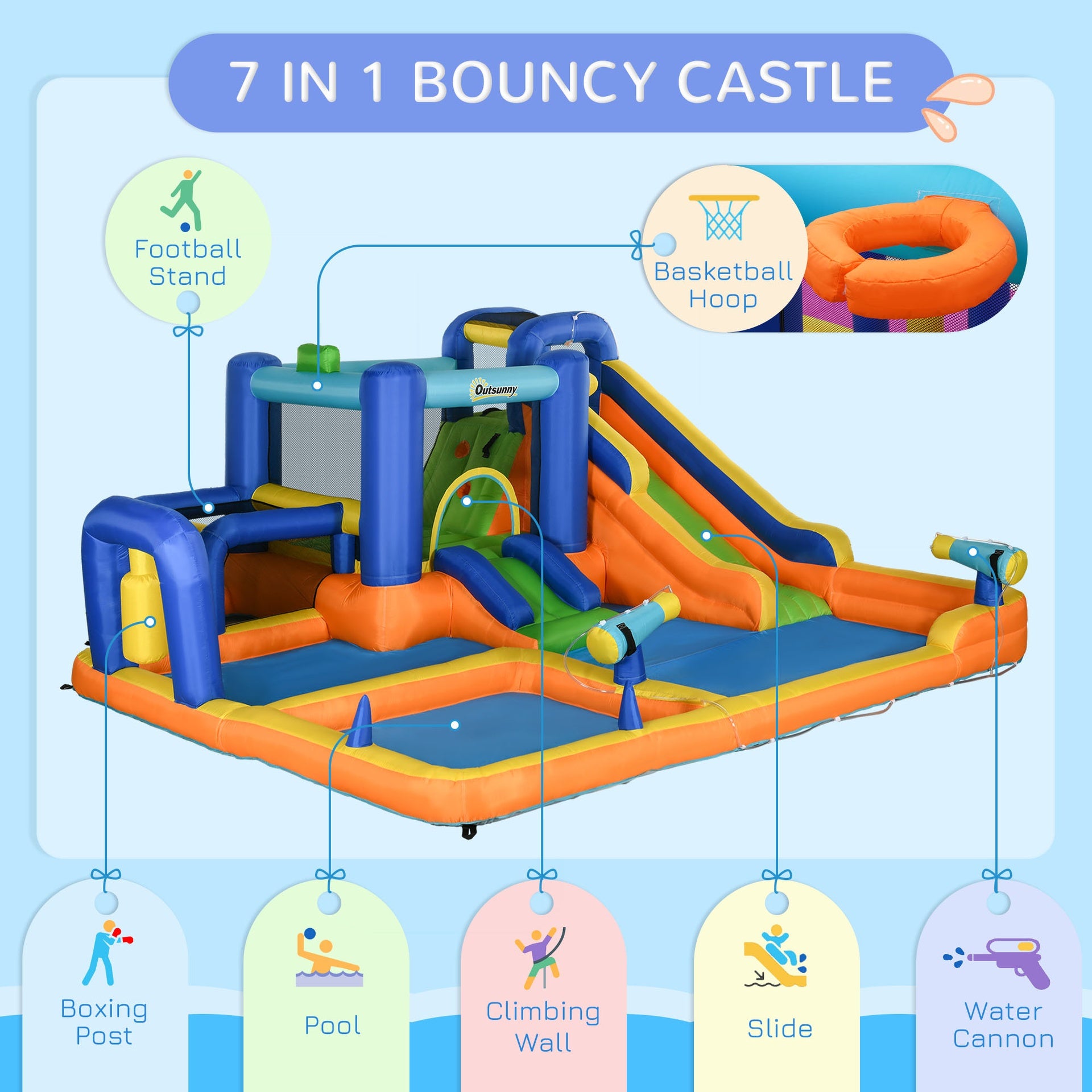 Outsunny 7 in 1 Water Slide w/ Slide Pool Climbing Wall Water Cannon Basketball Hoop Boxing Post Football Stand for 3-8 Years