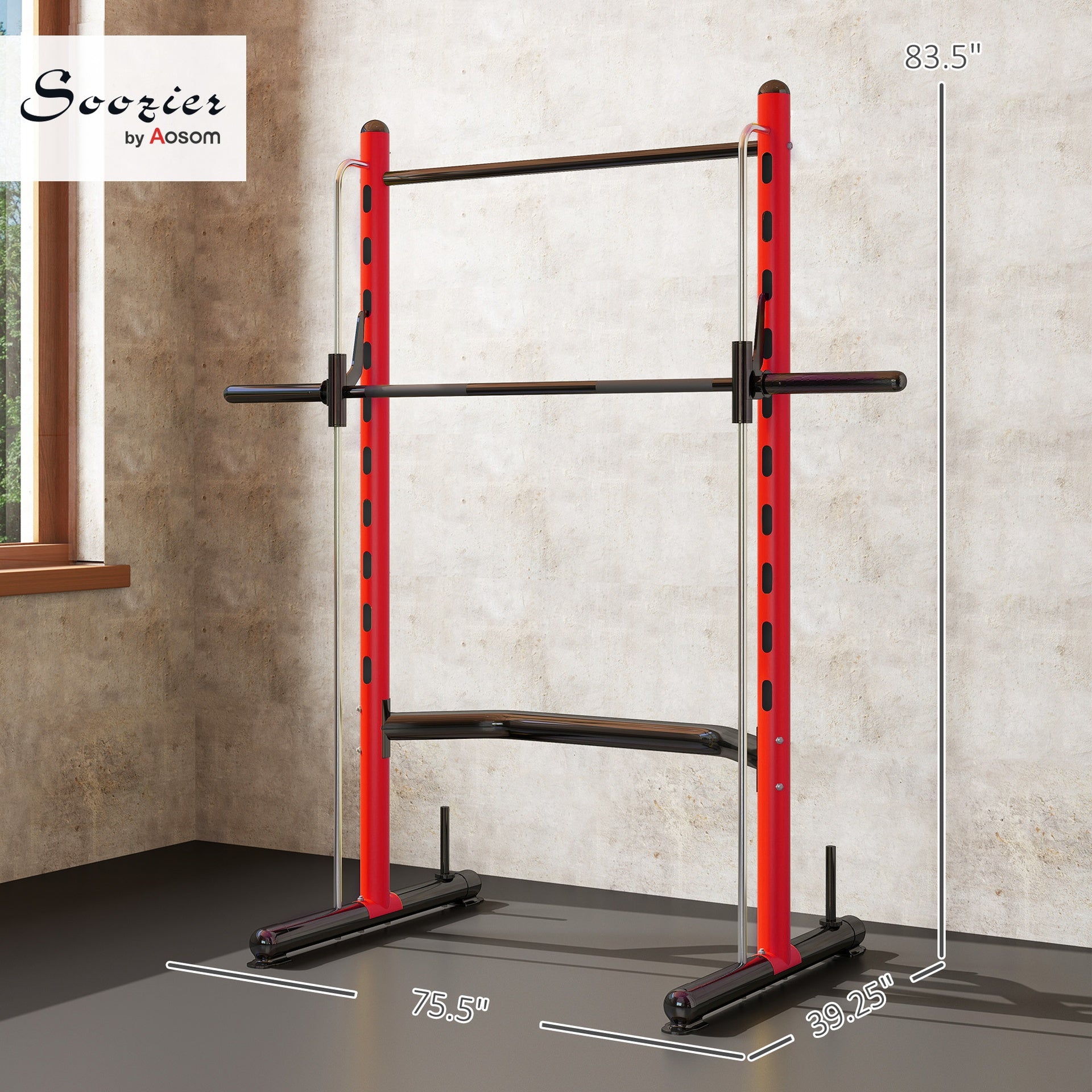 Soozier Squat Rack with Pull Up Bar and Barbell Bar Adjustable Bench Press Multi-Function Weight Lifting Half Rack Red