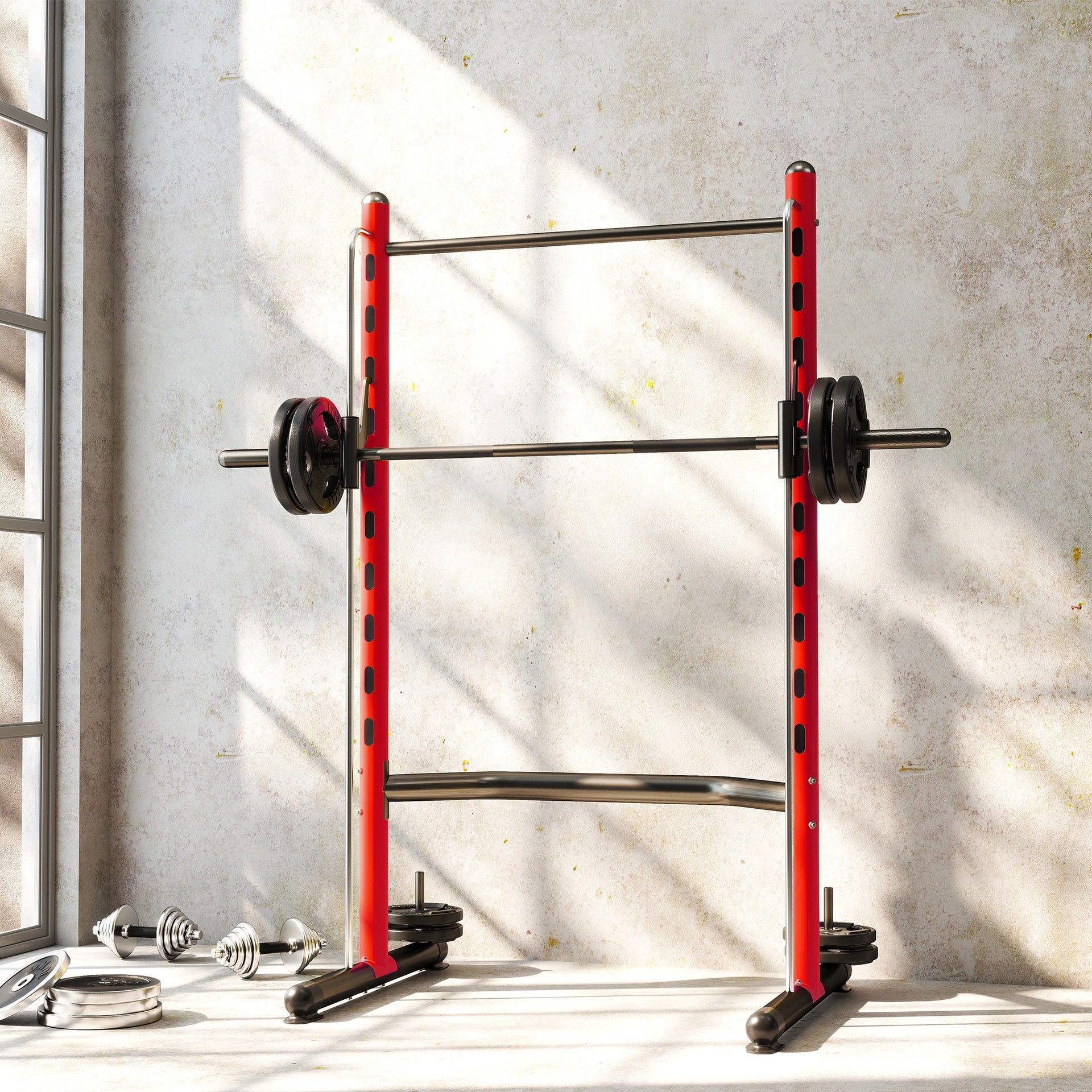Soozier Squat Rack with Pull Up Bar and Barbell Bar Adjustable Bench Press Multi-Function Weight Lifting Half Rack Red