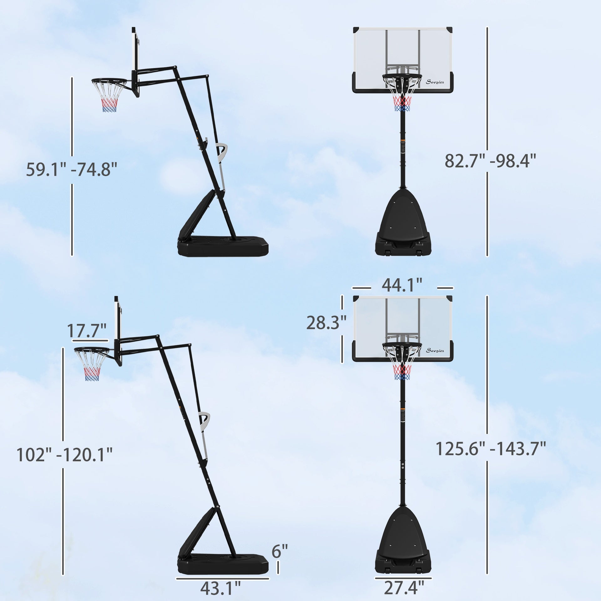 Soozier 4.9-10' Basketball Stand, Freestanding Basketball System with 44" Shatterproof Backboard, Rebound System and Wheels