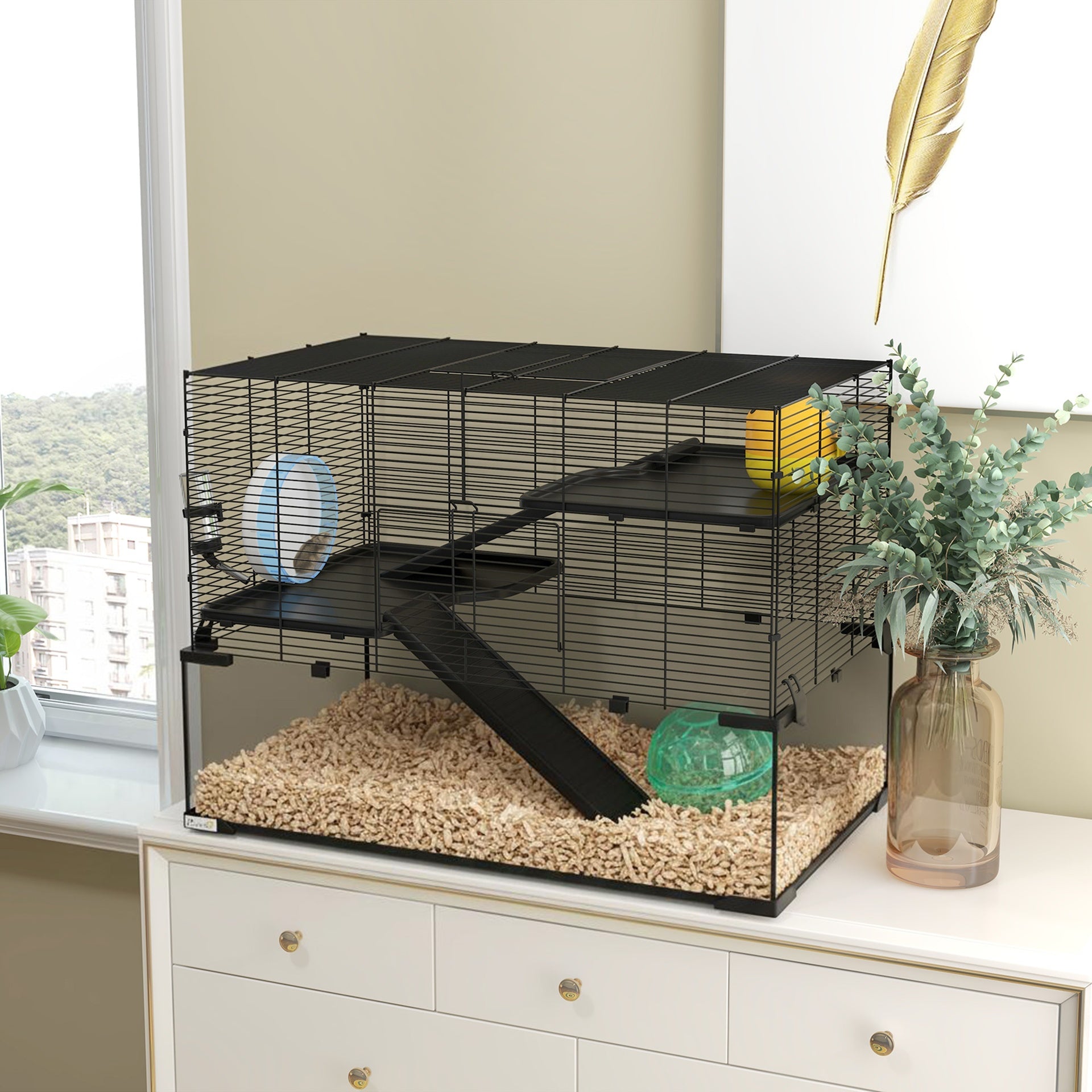 PawHut 30" Hamster Cage, Gerbil Cage with Glass Basin for Small Hamsters, Black