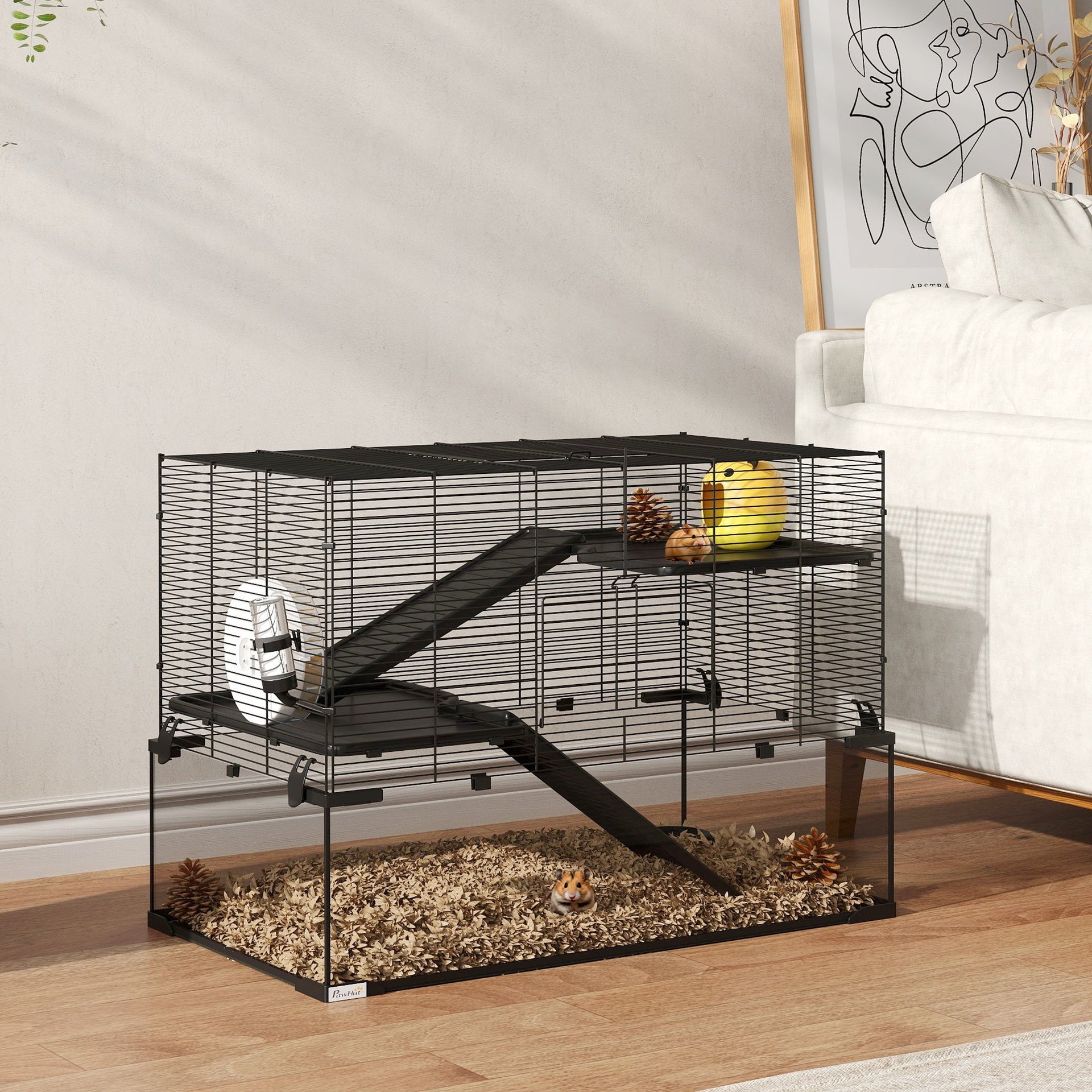 PawHut 30" Hamster Cage, Gerbil Cage with Glass Basin for Small Hamsters, Black