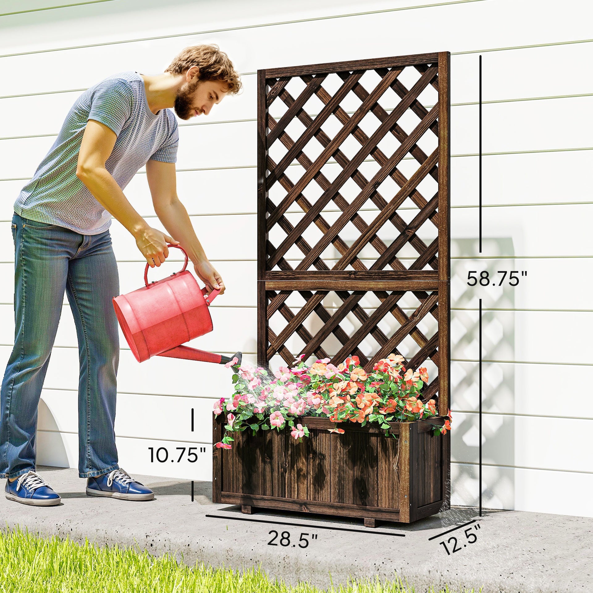 Outsunny Wooden Raised Garden Bed Planting Planter Box with Trellis and Drain Holes for Climbing Vine Plants, Brown