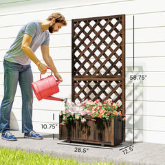 Outsunny Wooden Raised Garden Bed Planting Planter Box with Trellis and Drain Holes for Climbing Vine Plants, Brown