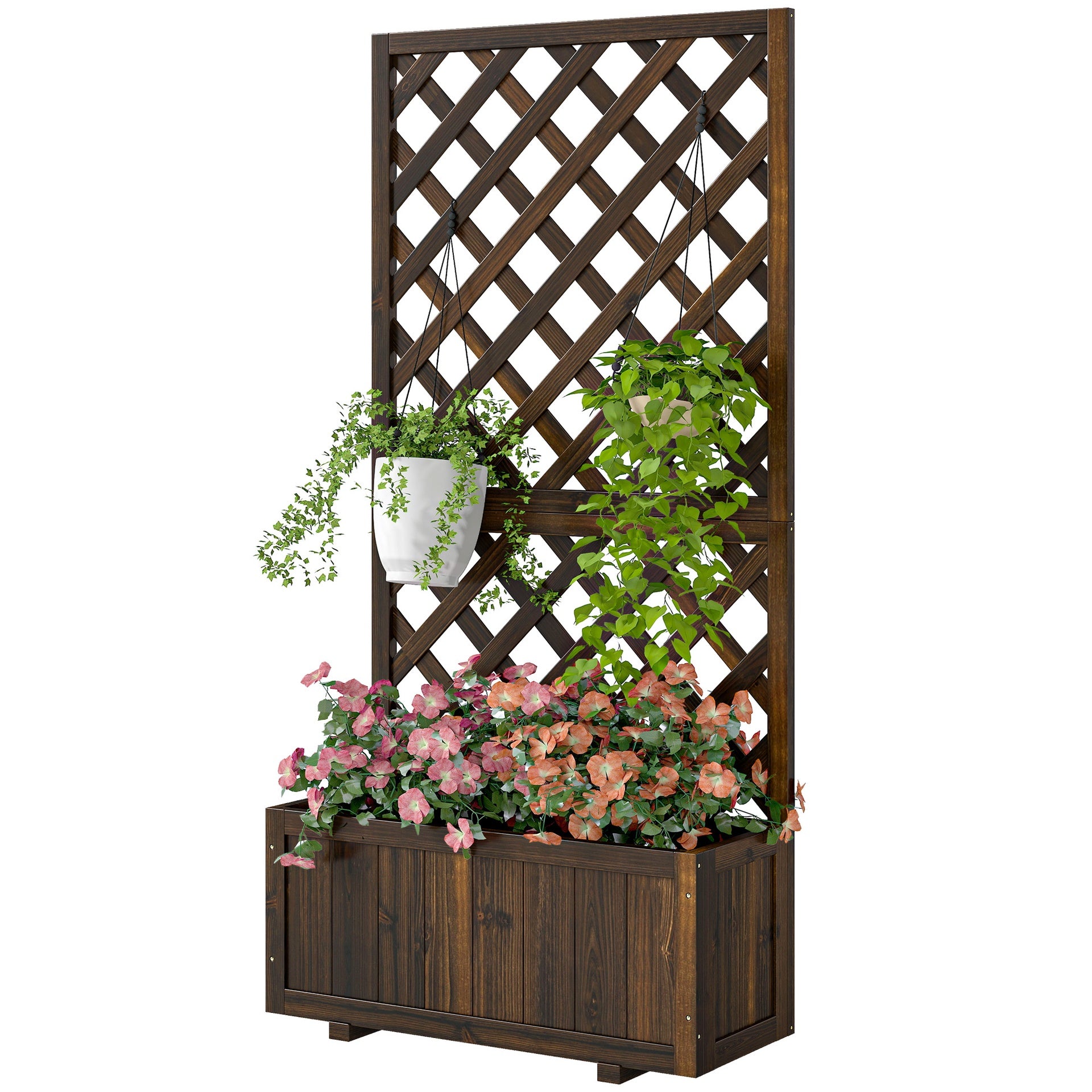 Outsunny Wooden Raised Garden Bed Planting Planter Box with Trellis and Drain Holes for Climbing Vine Plants, Brown