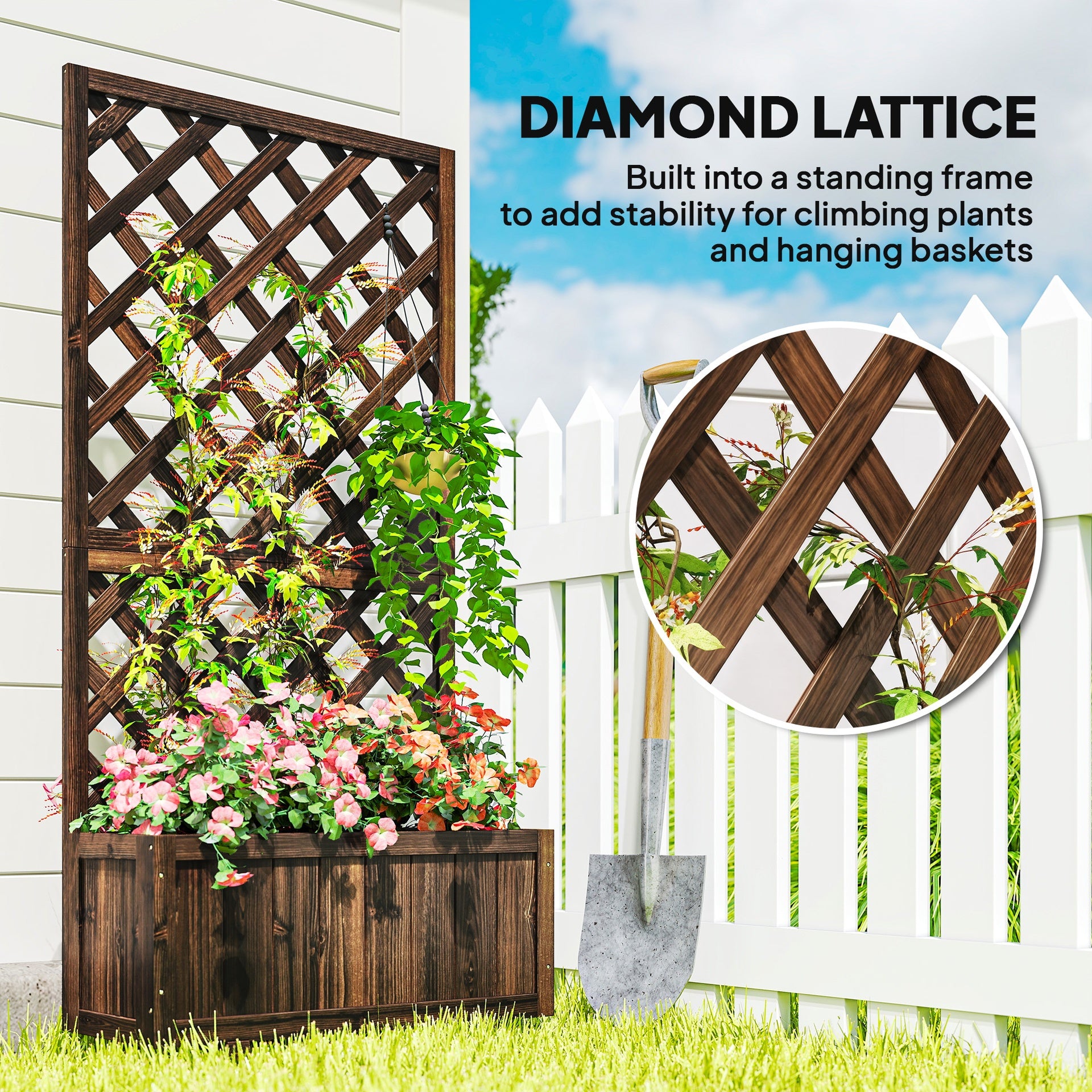 Outsunny Wooden Raised Garden Bed Planting Planter Box with Trellis and Drain Holes for Climbing Vine Plants, Brown