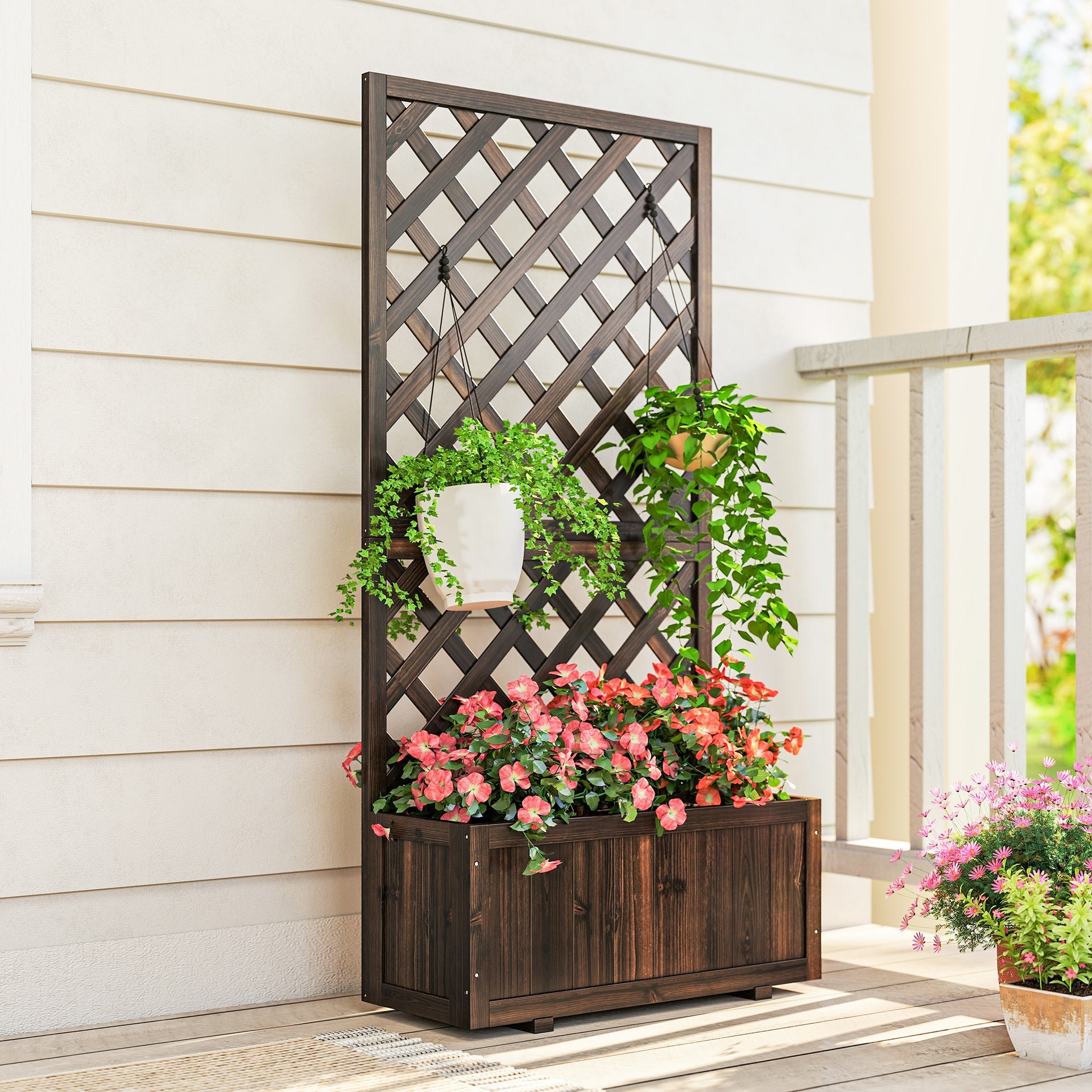 Outsunny Wooden Raised Garden Bed Planting Planter Box with Trellis and Drain Holes for Climbing Vine Plants, Brown