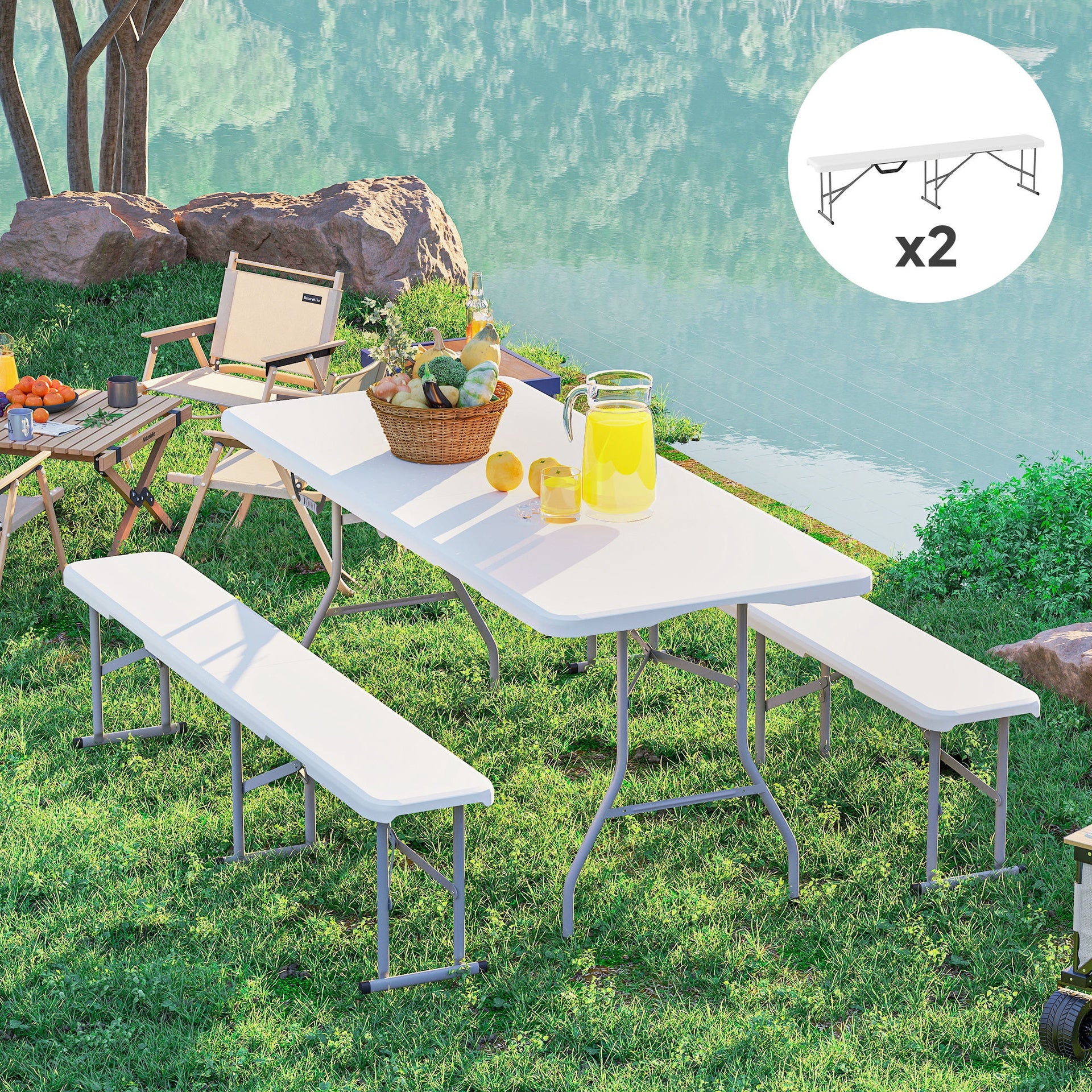 Outsunny 2 Pack 6 ft Portable Foldable Bench Seats, Plastic Folding Benches with Carrying Handle for Camping, White