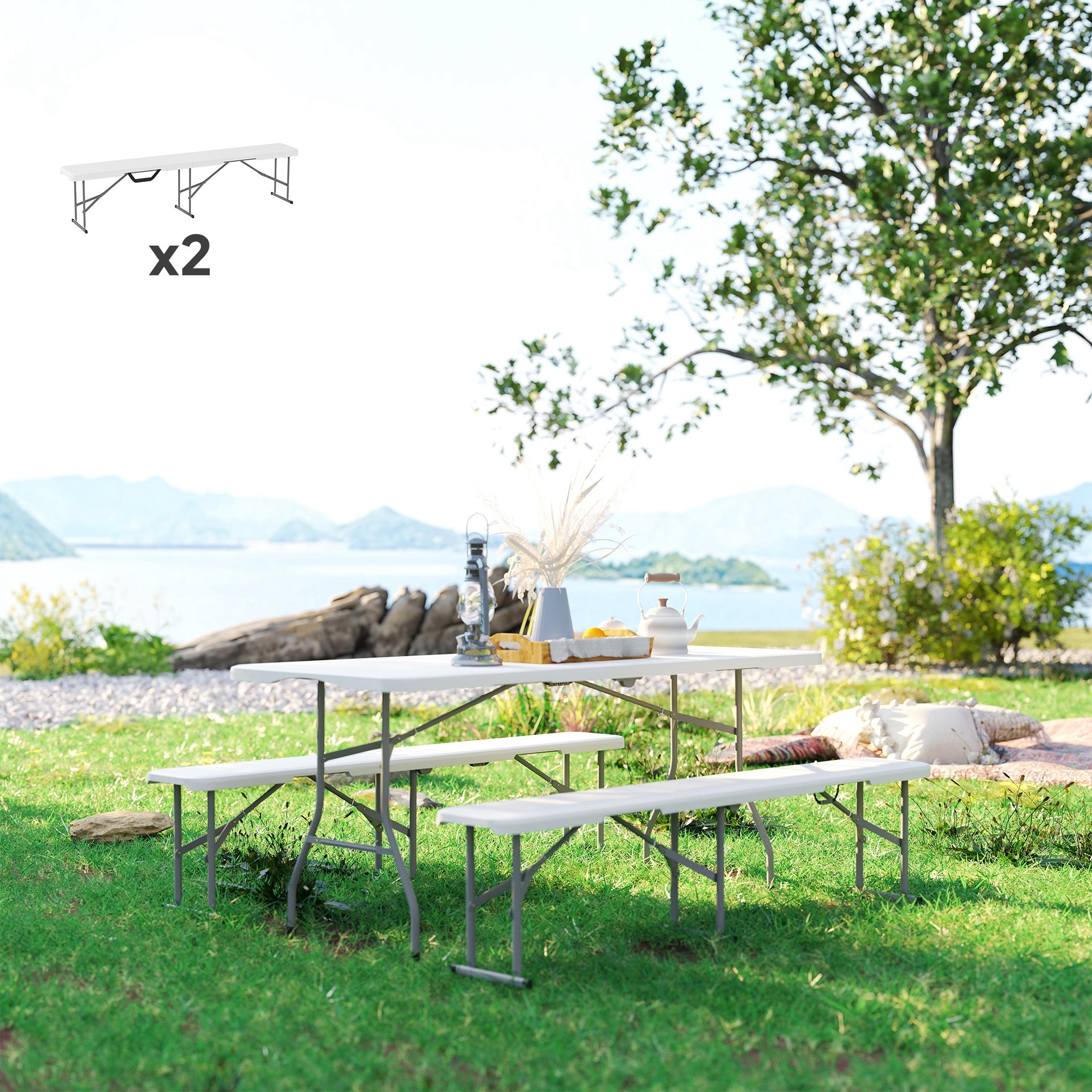 Outsunny 2 Pack 6 ft Portable Foldable Bench Seats, Plastic Folding Benches with Carrying Handle for Camping, White