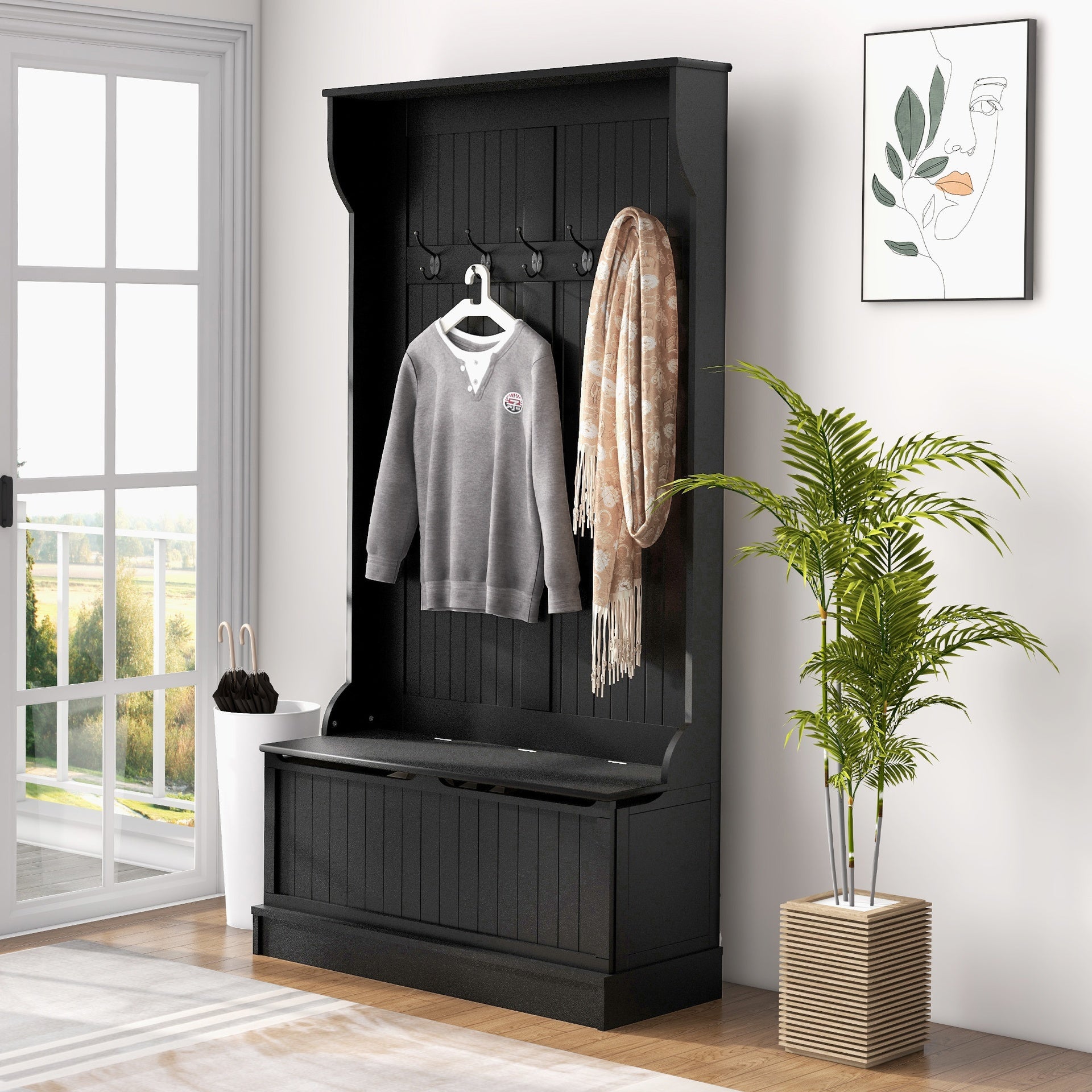 HOMCOM 3-In-1 Entryway Bench with Coat Rack, Hall Tree with Bench and Shoe Storage, 5 Hooks for Hallway Black