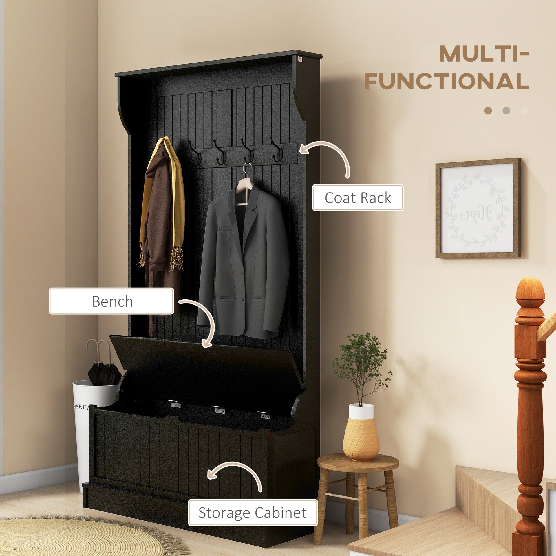 HOMCOM 3-In-1 Entryway Bench with Coat Rack, Hall Tree with Bench and Shoe Storage, 5 Hooks for Hallway Black
