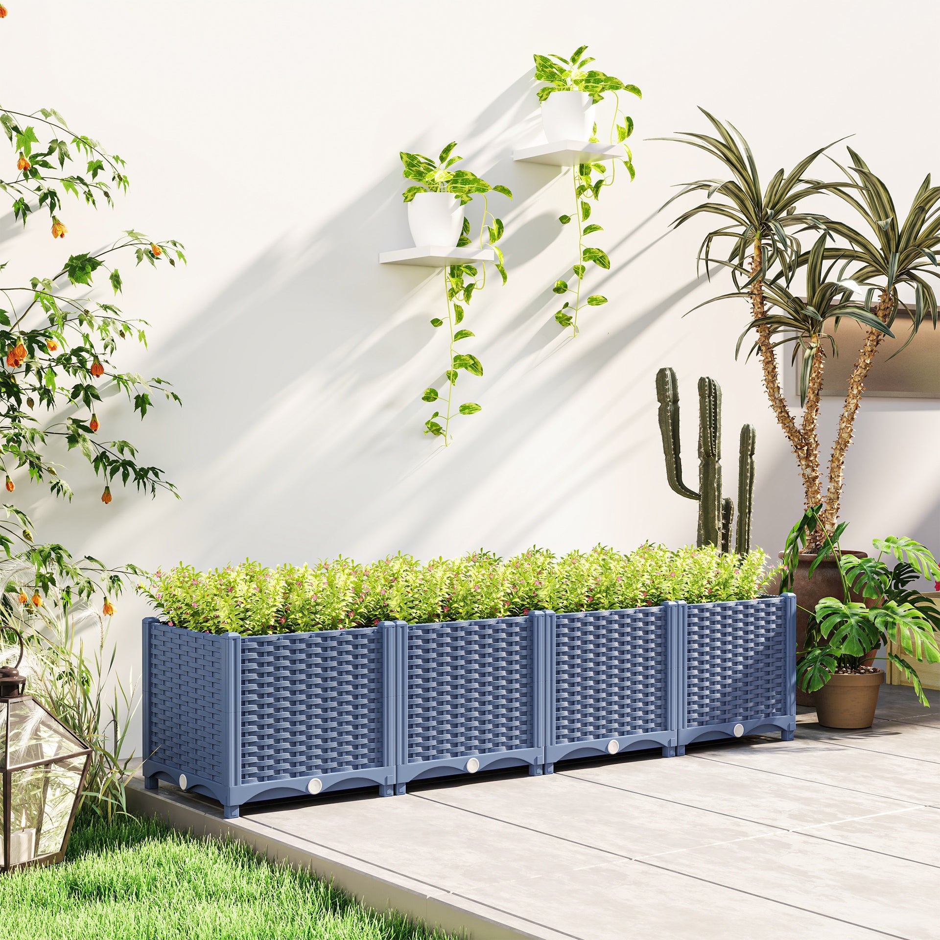 Outsunny Plastic Raised Garden Bed, 5 x 1 x 1 ft Outdoor Flower Box with Drainage Holes for Vegetables, Herbs, Blue
