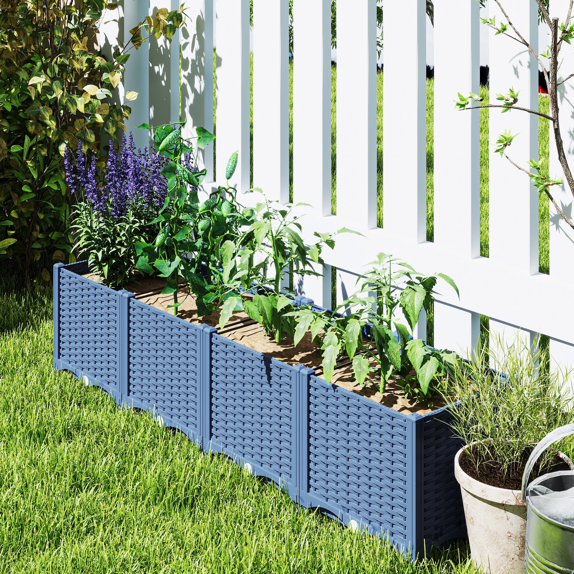 Outsunny Plastic Raised Garden Bed, 5 x 1 x 1 ft Outdoor Flower Box with Drainage Holes for Vegetables, Herbs, Blue