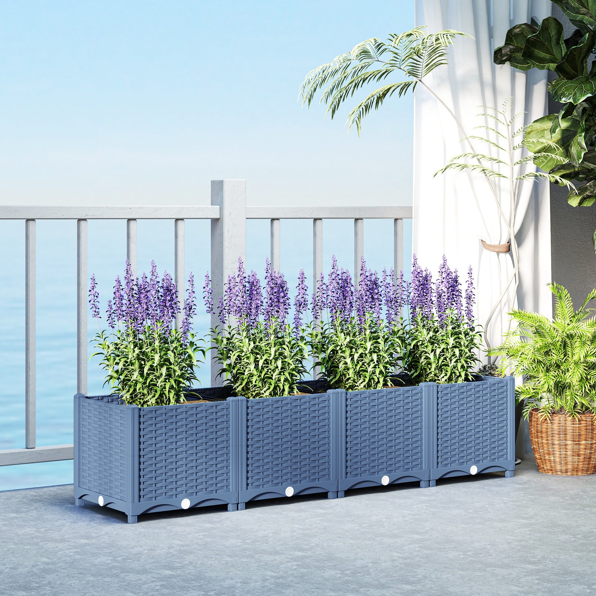Outsunny Plastic Raised Garden Bed, 5 x 1 x 1 ft Outdoor Flower Box with Drainage Holes for Vegetables, Herbs, Blue