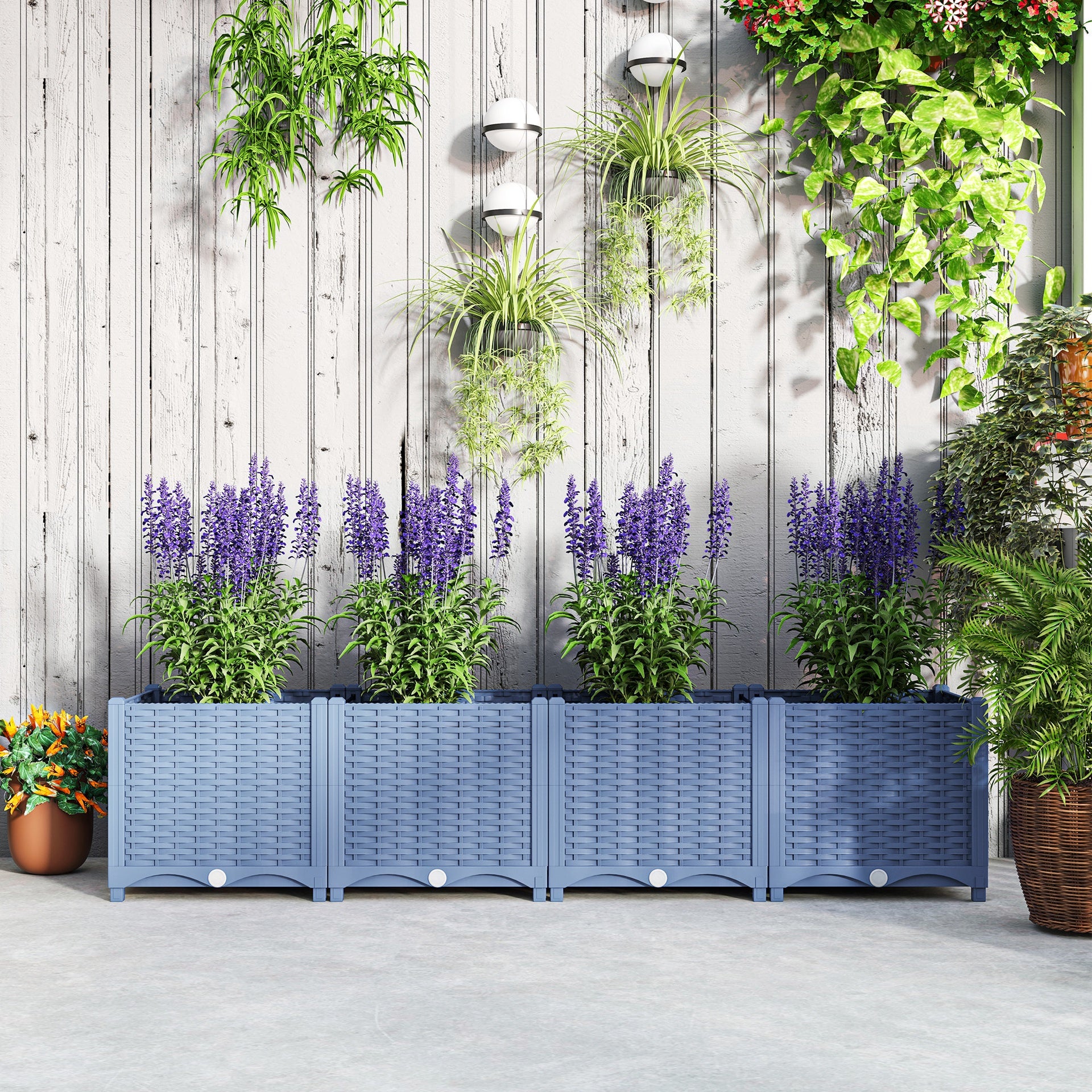 Outsunny Plastic Raised Garden Bed, 5 x 1 x 1 ft Outdoor Flower Box with Drainage Holes for Vegetables, Herbs, Blue