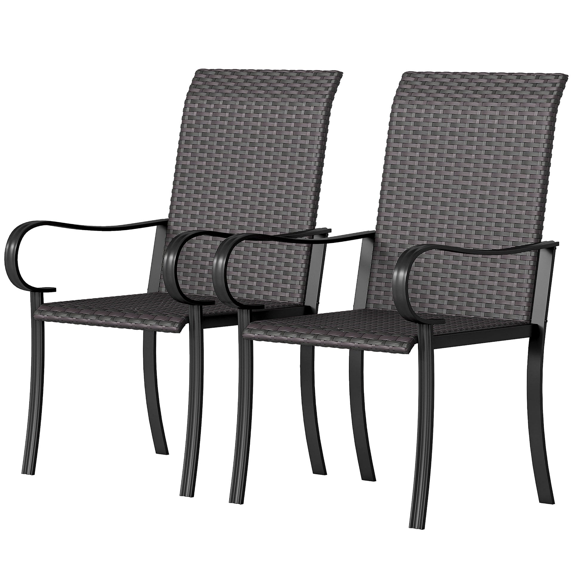 Outsunny Set of 2 Outdoor Wicker Dining Chairs with Armrest, Steel Frame, High Back and Deep Seating, Brown