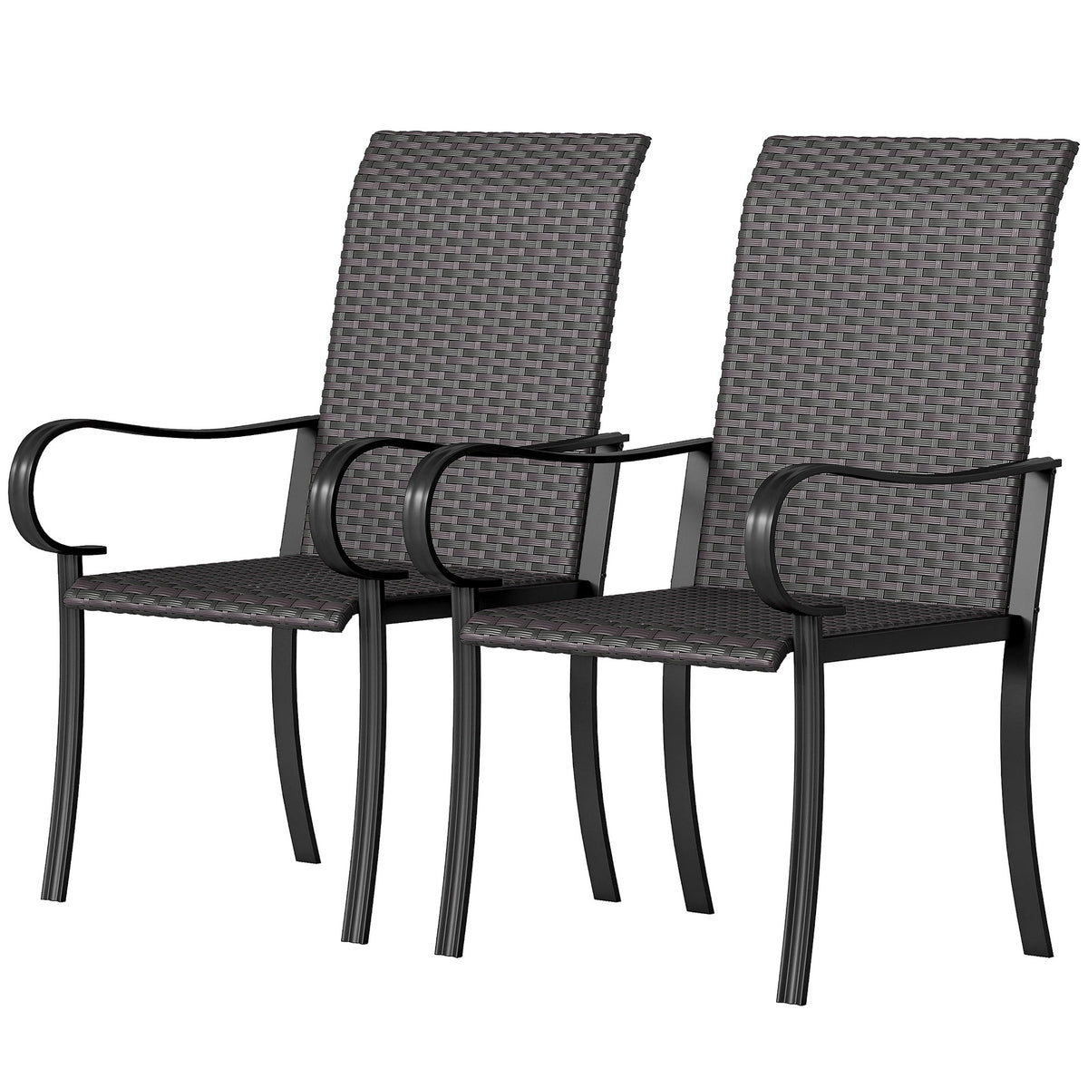 Outsunny Set of 2 Outdoor Wicker Dining Chairs with Armrest, Steel Frame, High Back and Deep Seating, Brown