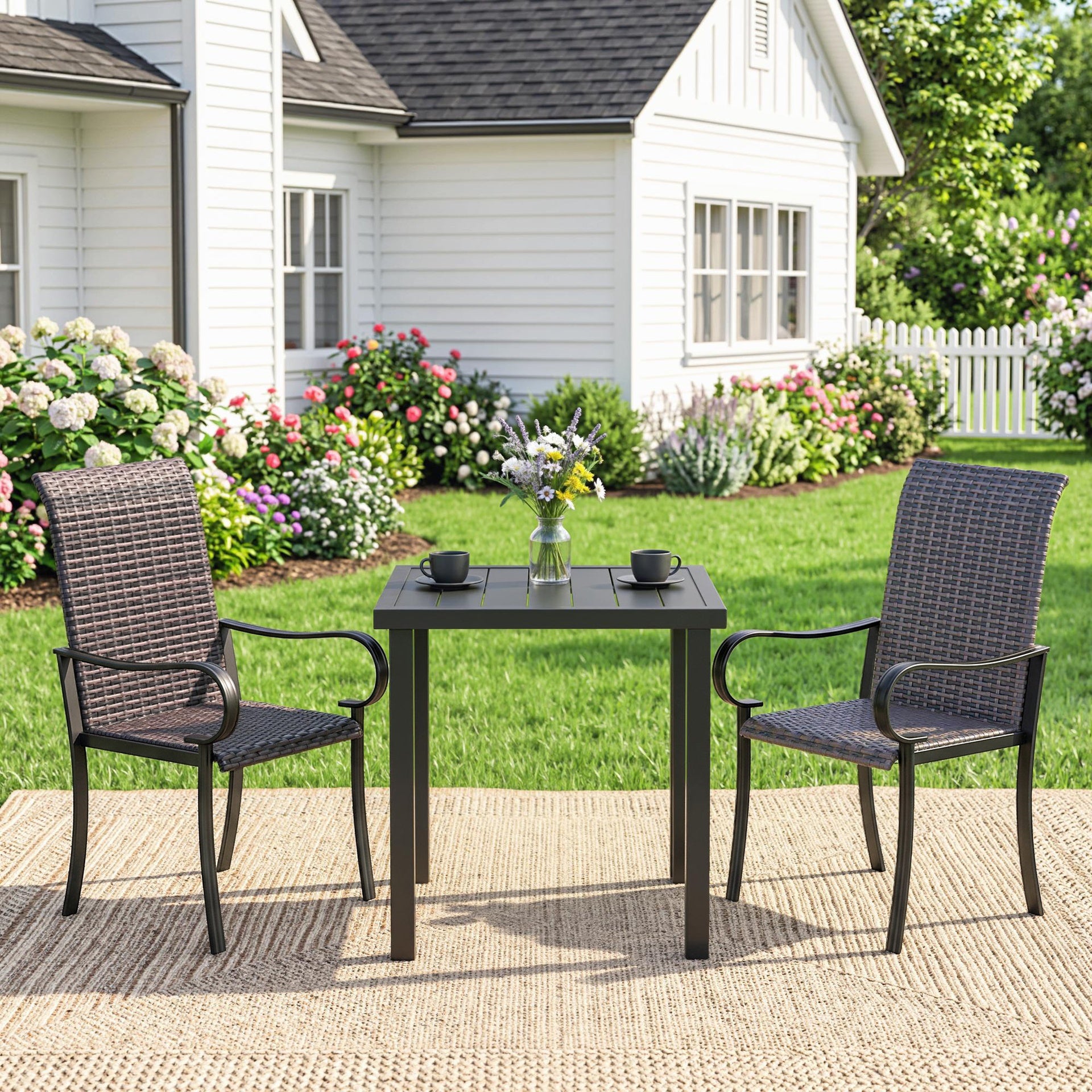 Outsunny Set of 2 Outdoor Wicker Dining Chairs with Armrest, Steel Frame, High Back and Deep Seating, Brown