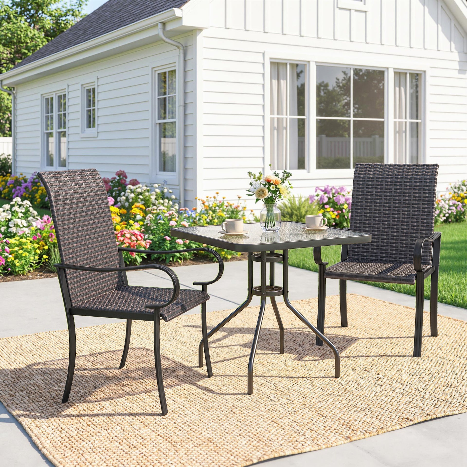 Outsunny Set of 2 Outdoor Wicker Dining Chairs with Armrest, Steel Frame, High Back and Deep Seating, Brown