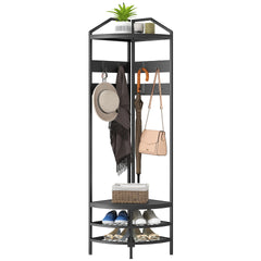 HOMCOM Corner Hall Tree, Industrial 4-Tier Coat Rack with Shoe Storage, 8 Movable Hooks and 2 Shelves for Hallway, Black