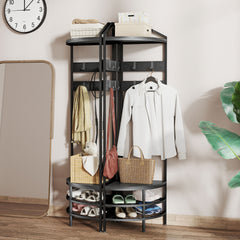 HOMCOM Corner Hall Tree, Industrial 4-Tier Coat Rack with Shoe Storage, 8 Movable Hooks and 2 Shelves for Hallway, Black